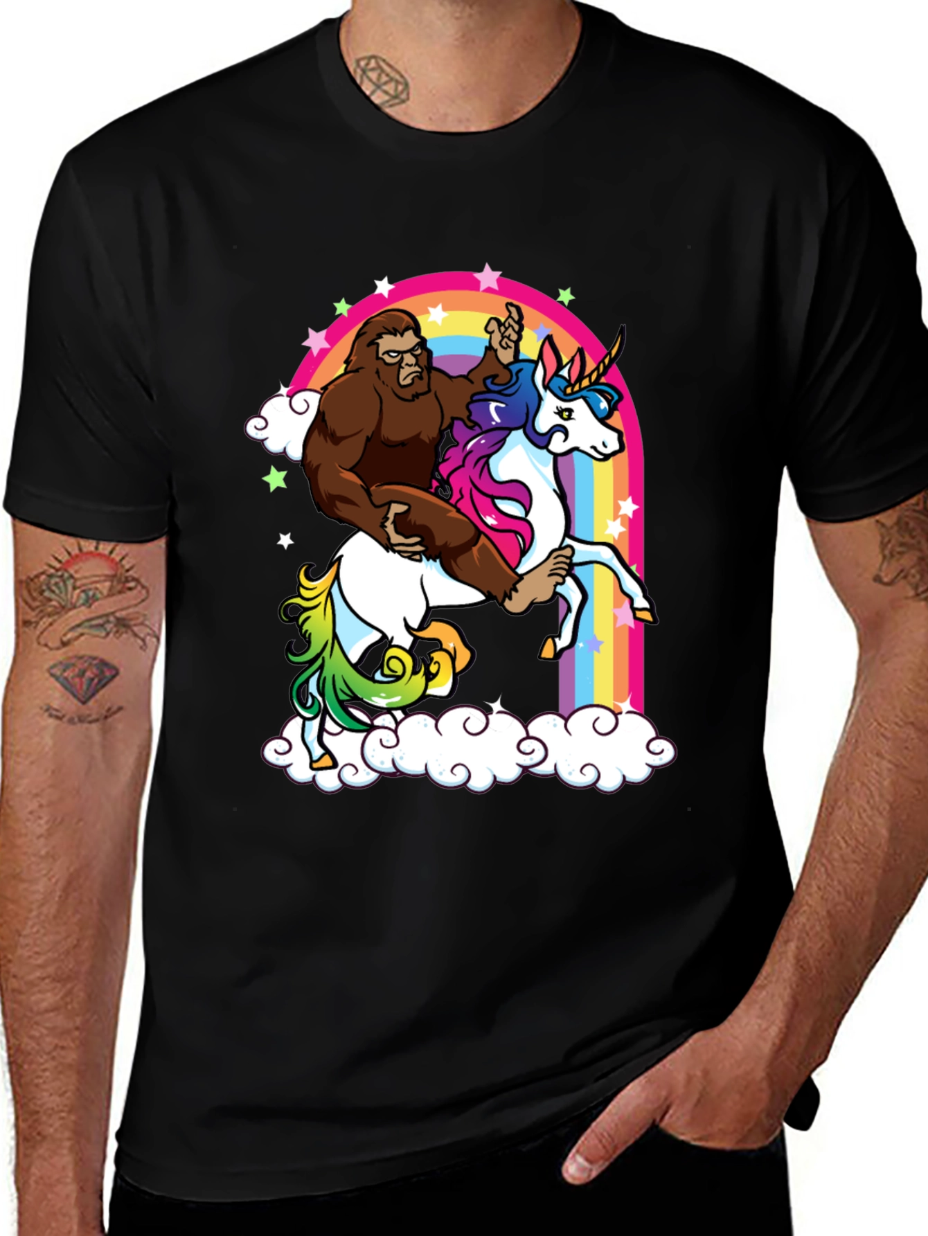 Sasquatch Riding Unicorn Rainbow T-Shirt