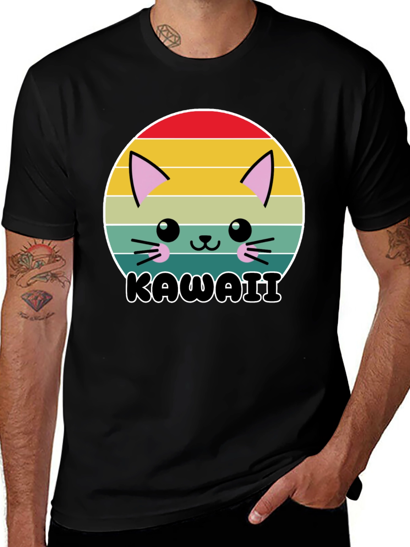 Kawaii Cat T-Shirt - Retro Sunset Style