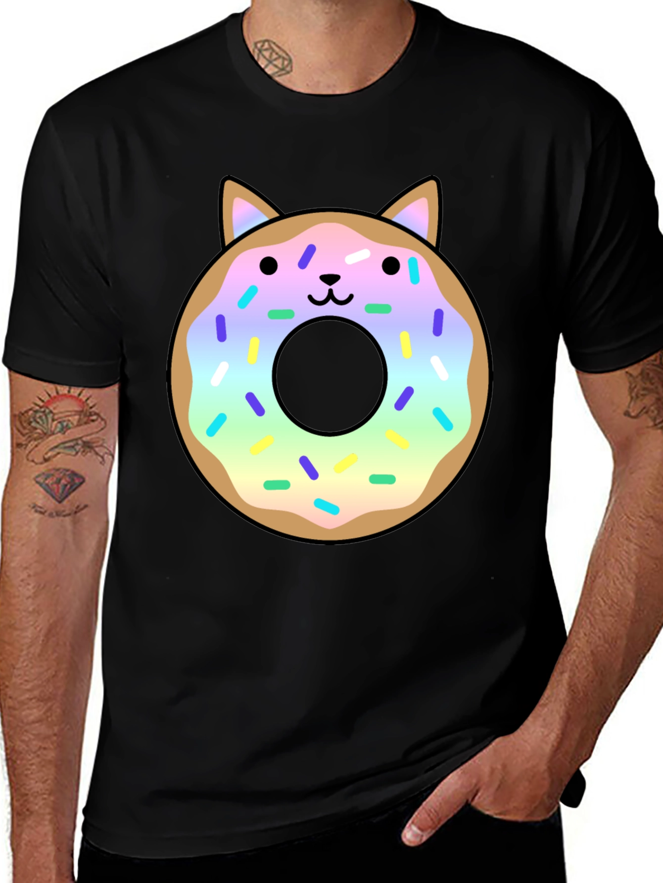Black Cute Cat Donut Graphic Tee - Black Unisex T-Shirt main image