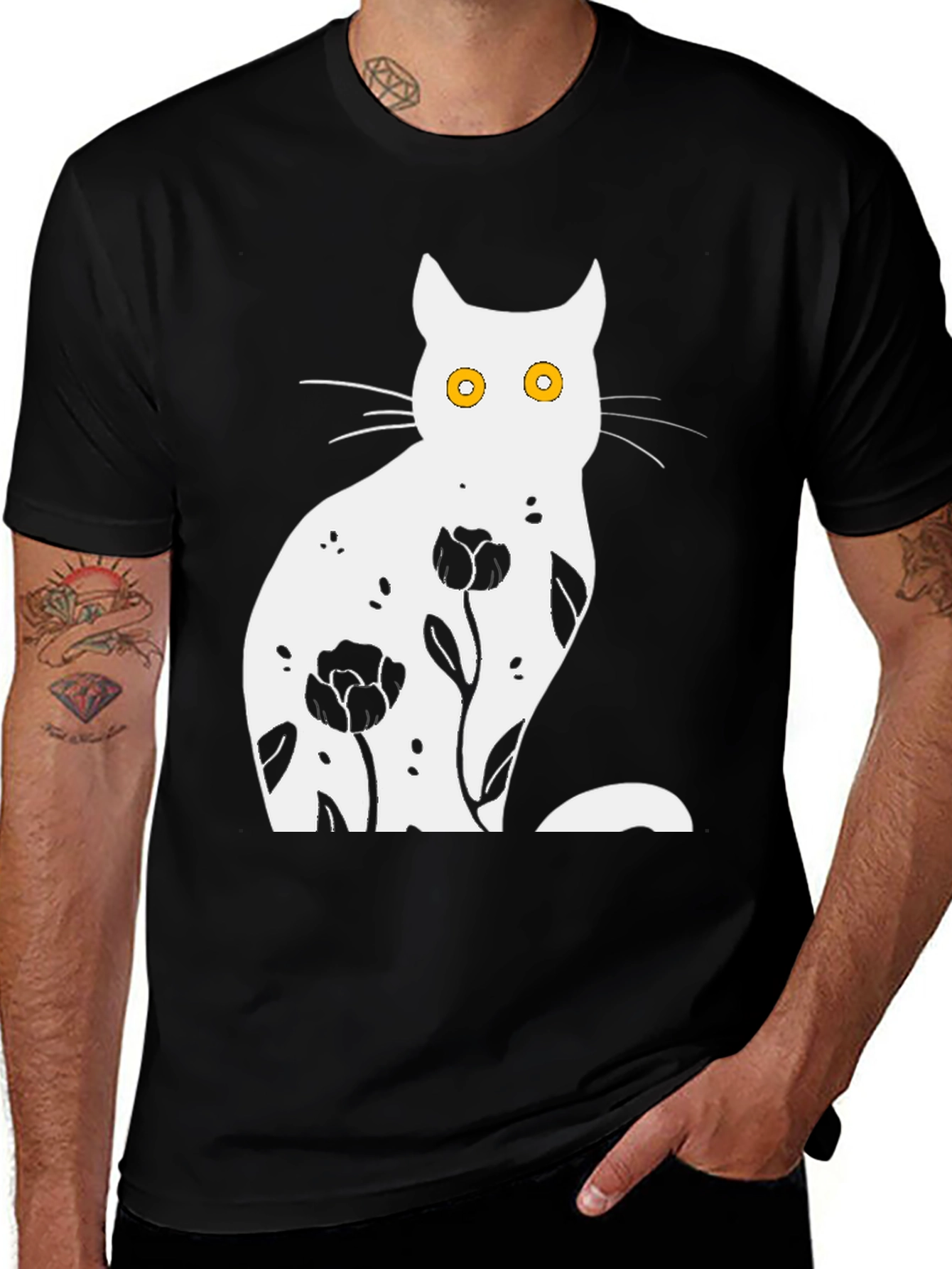 Variant 18 of Floral Cat Graphic Black T-Shirt