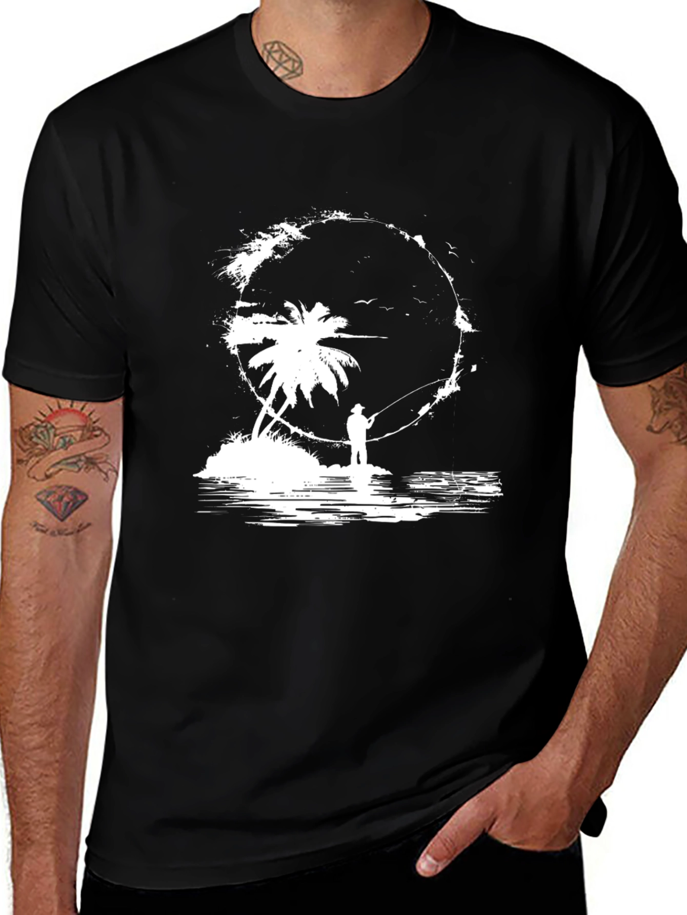 Variant 24 of Men's Black Graphic Tee - Fisherman Palm Tree Island Design