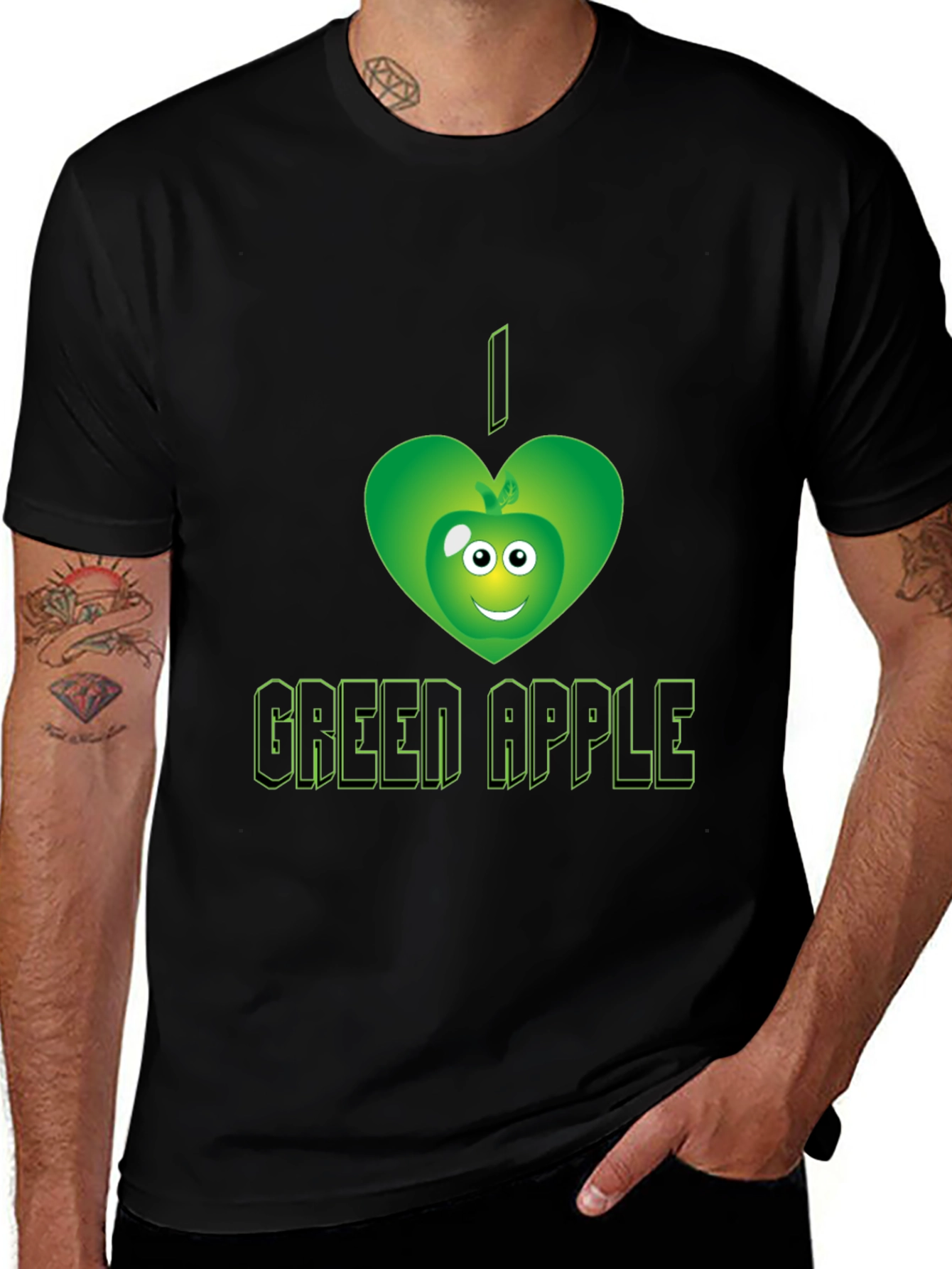 Black I Love Green Apple Graphic Tee - Trendy Casual Shirt main image