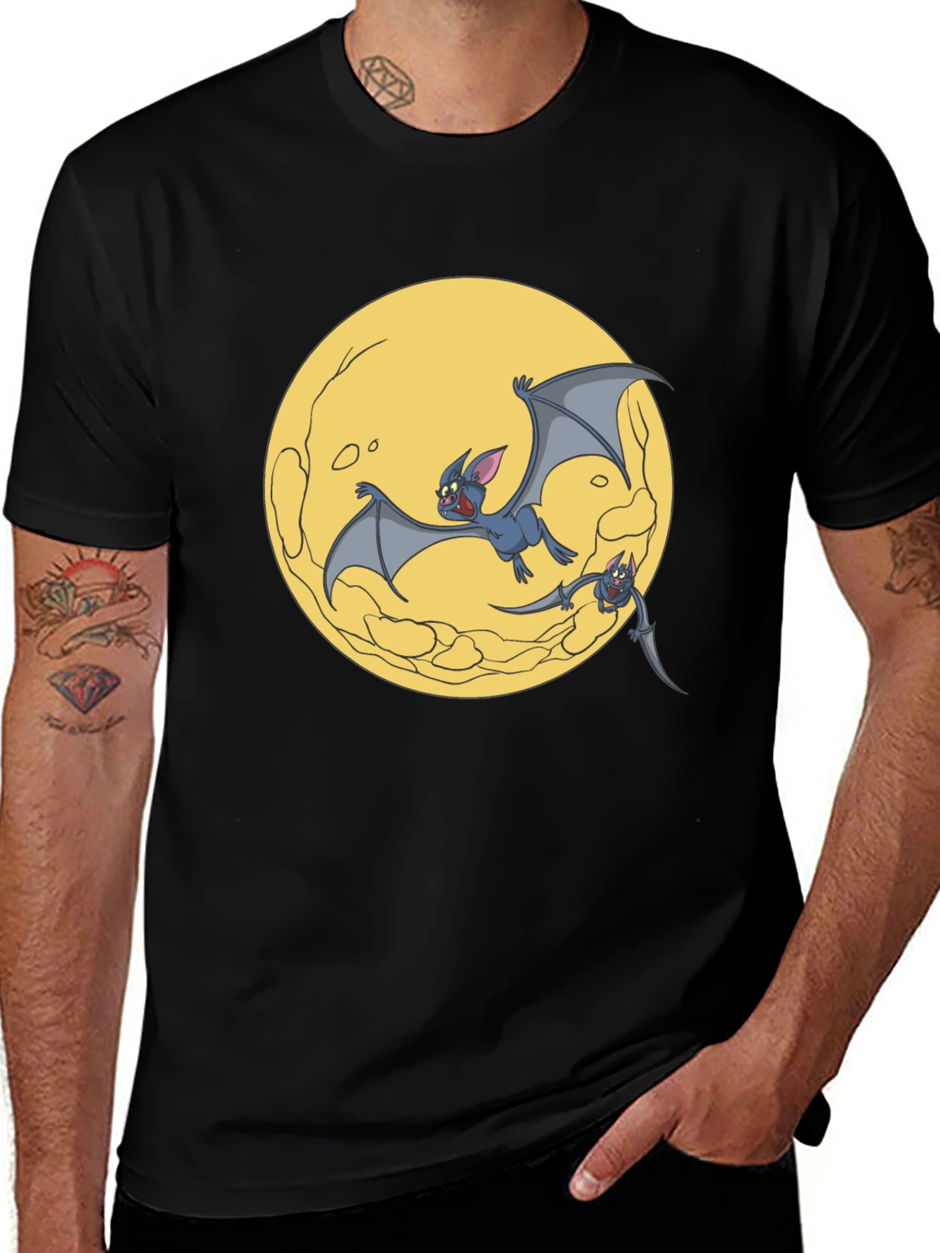 Variant 27 of Cartoon Bat Moon Graphic T-Shirt - Black