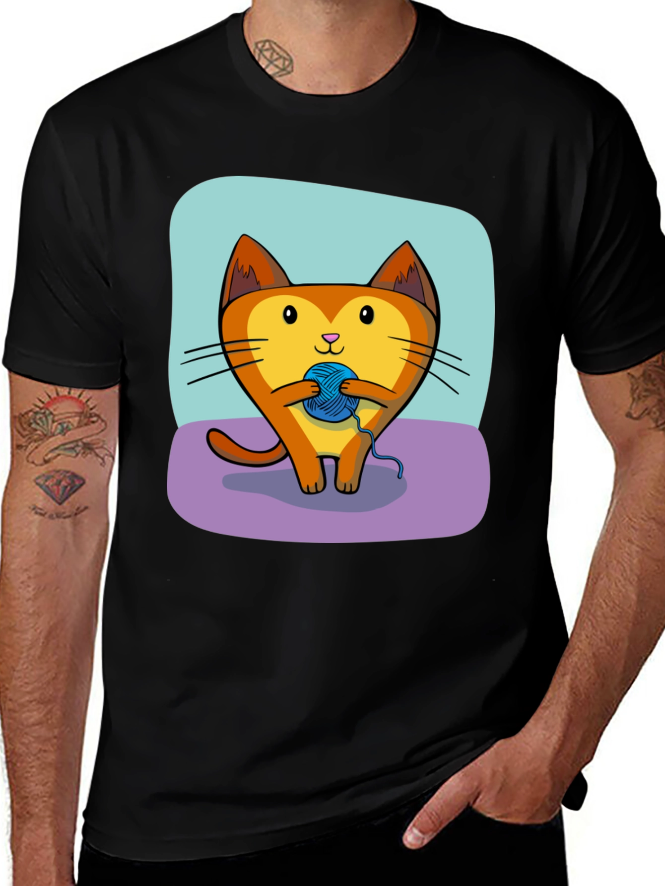 Variant 5 of Cute Cartoon Cat with Yarn Ball Graphic Tee