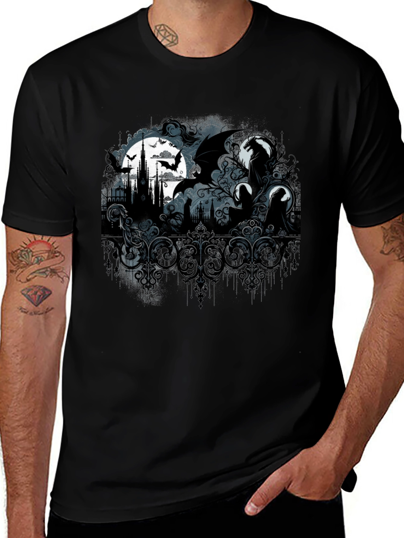 Variant 26 of Gothic Fantasy T-Shirt: Bats, Castle, and Moonlight Design