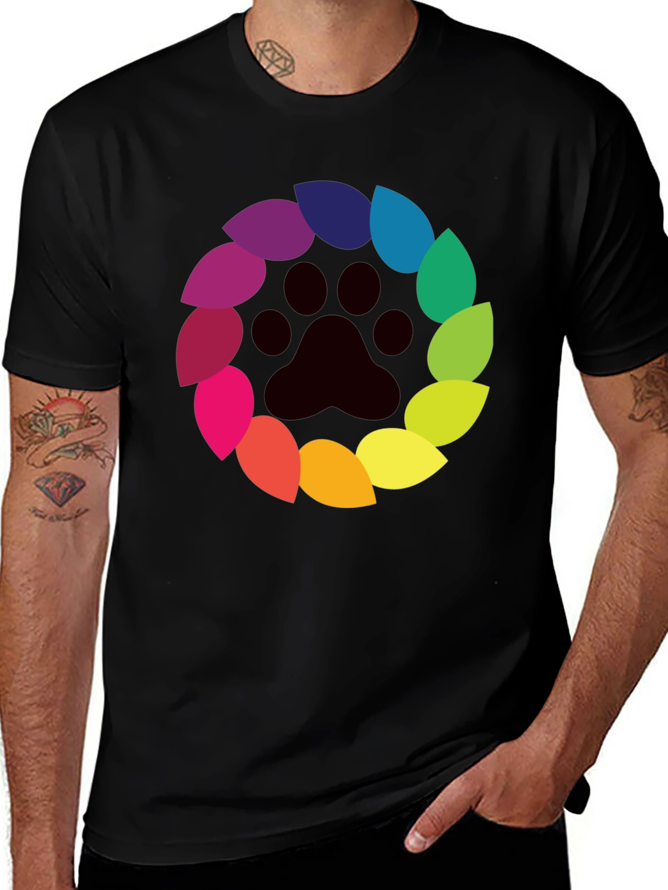 Paw Print Rainbow Circle Black T-Shirt