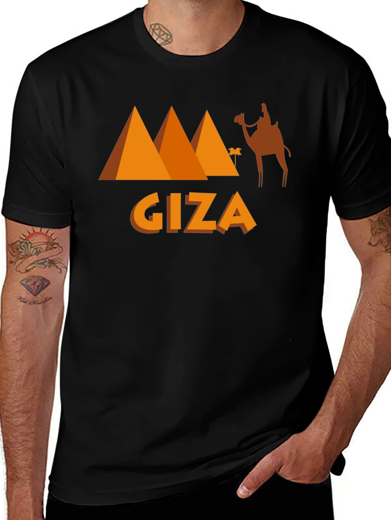 Variant 14 of Giza Egypt Black T-Shirt Camel Pyramids Graphic Tee