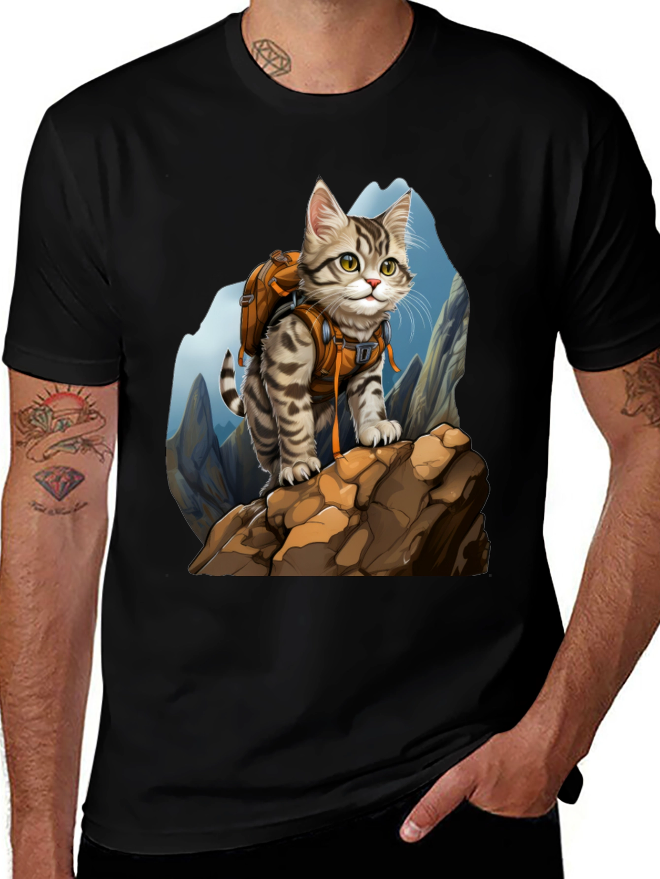 Variant 8 of Adventurous Cat Hiking T-Shirt - Mountain Climbing Kitten