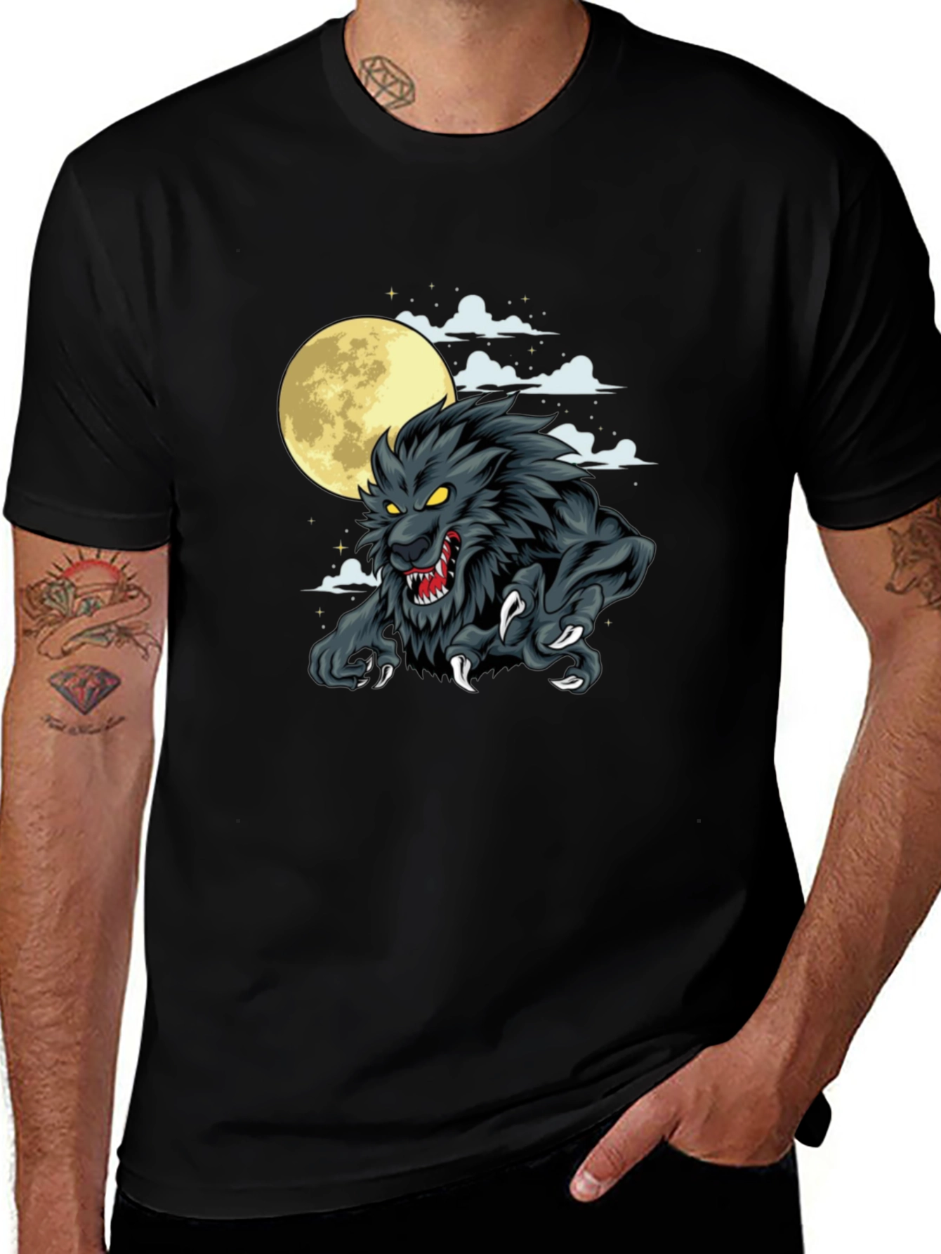 Variant 30 of Werewolf Moon Graphic T-Shirt - Black Cotton Tee