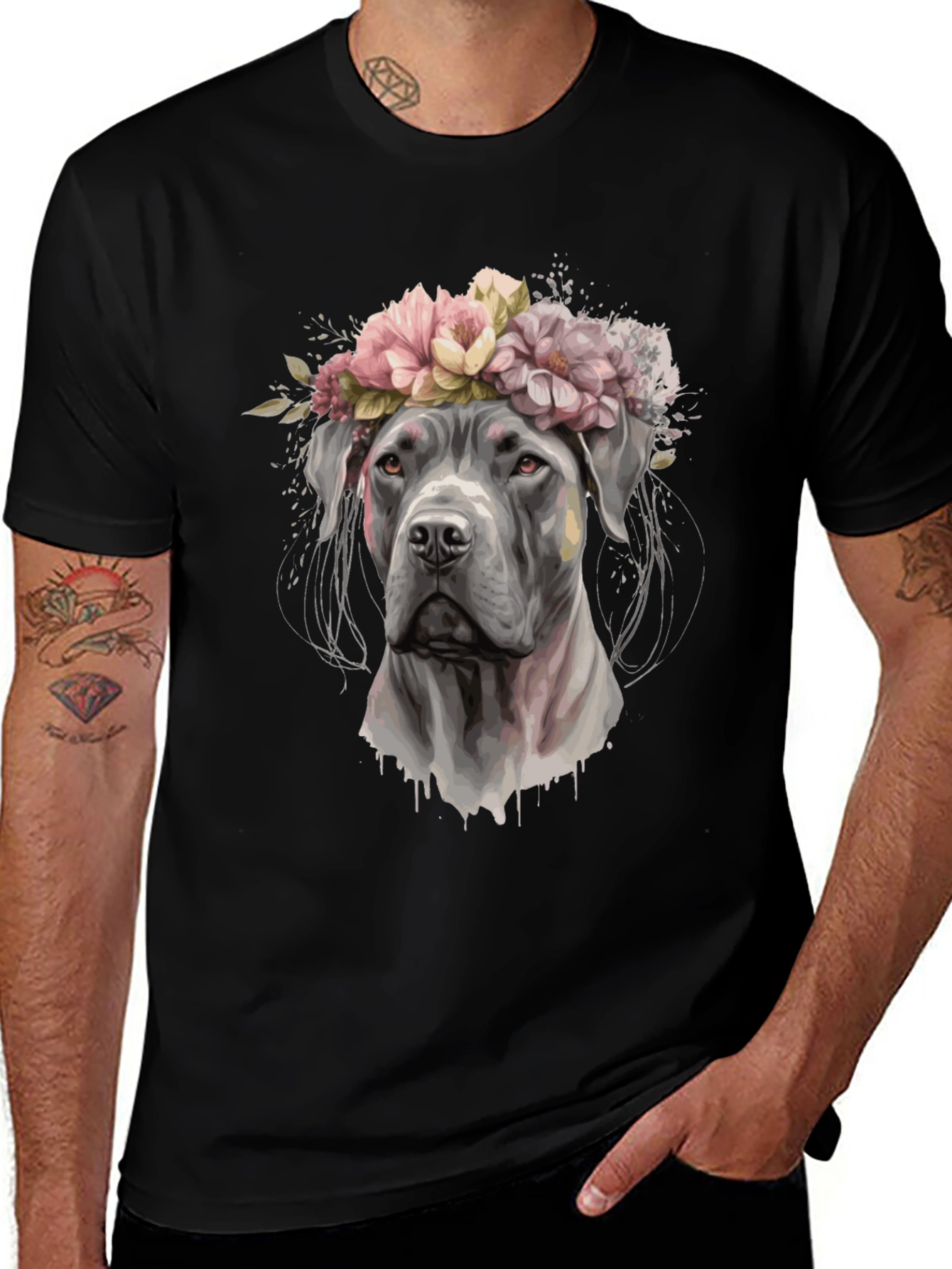 Variant 28 of Dog with Flower Crown Black T-Shirt