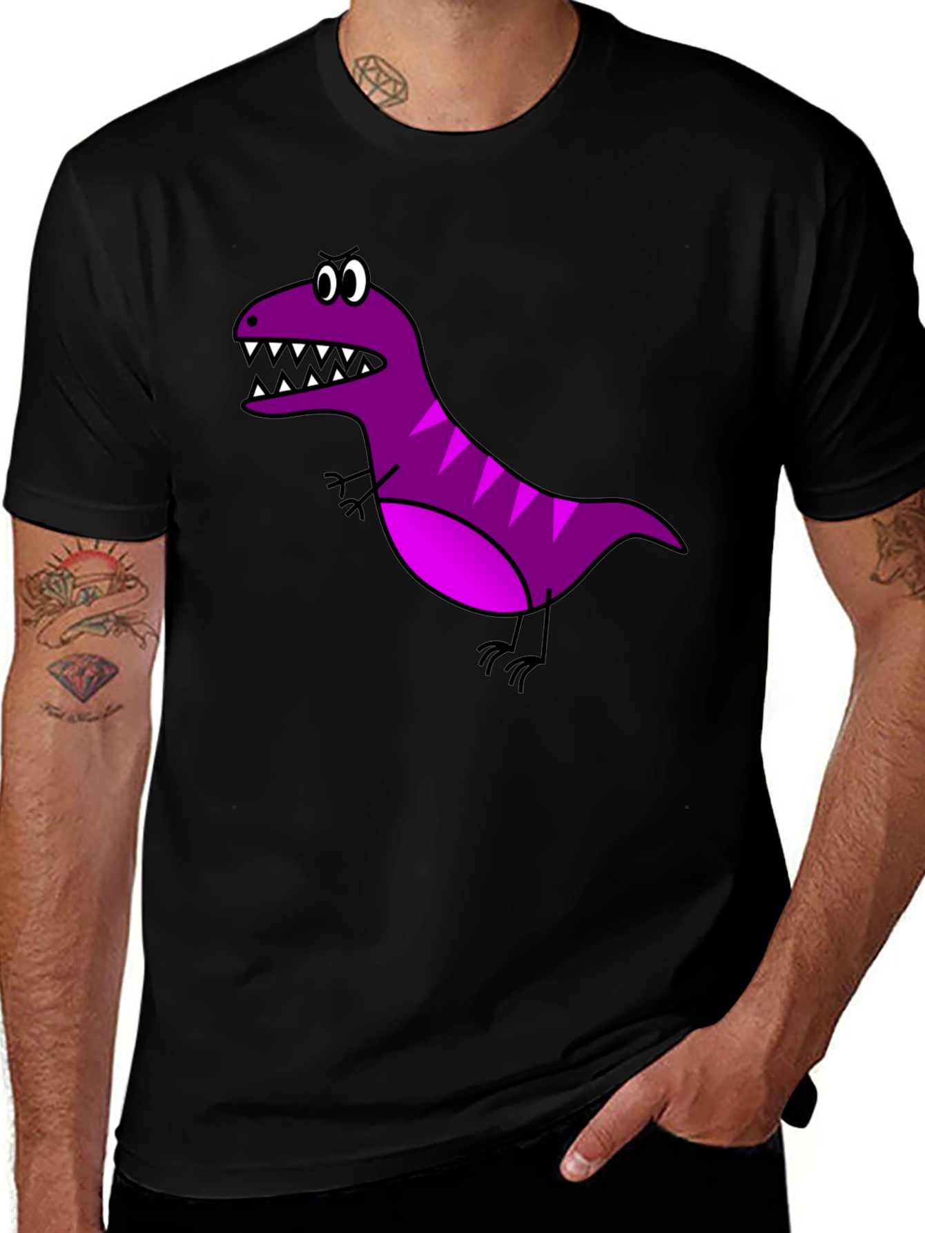 Variant 28 of Cartoon Dinosaur Graphic Tee - Black Cotton T-Shirt