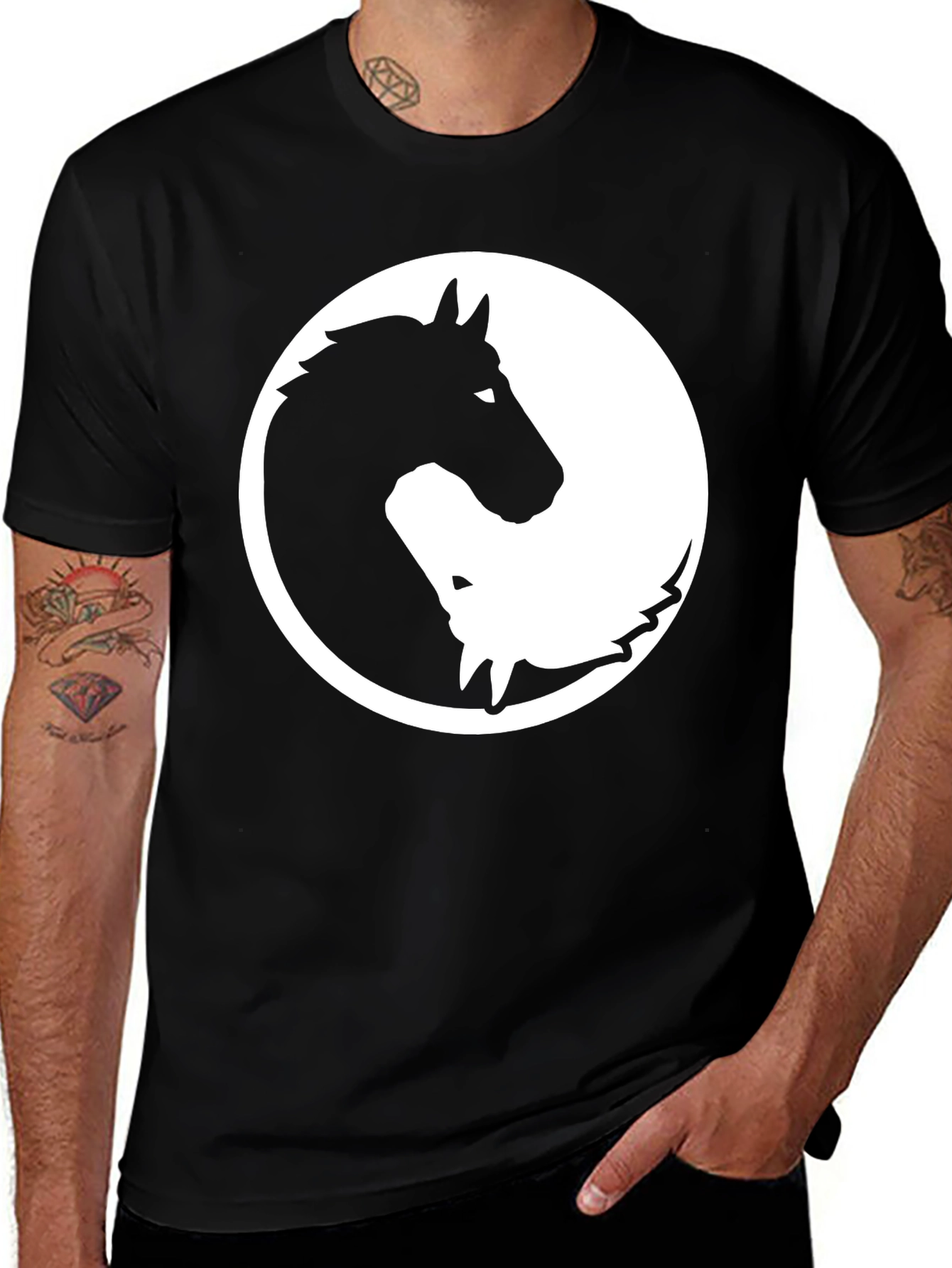 Variant 14 of Yin Yang Horse & Wolf Graphic Tee - Black Cotton T-Shirt