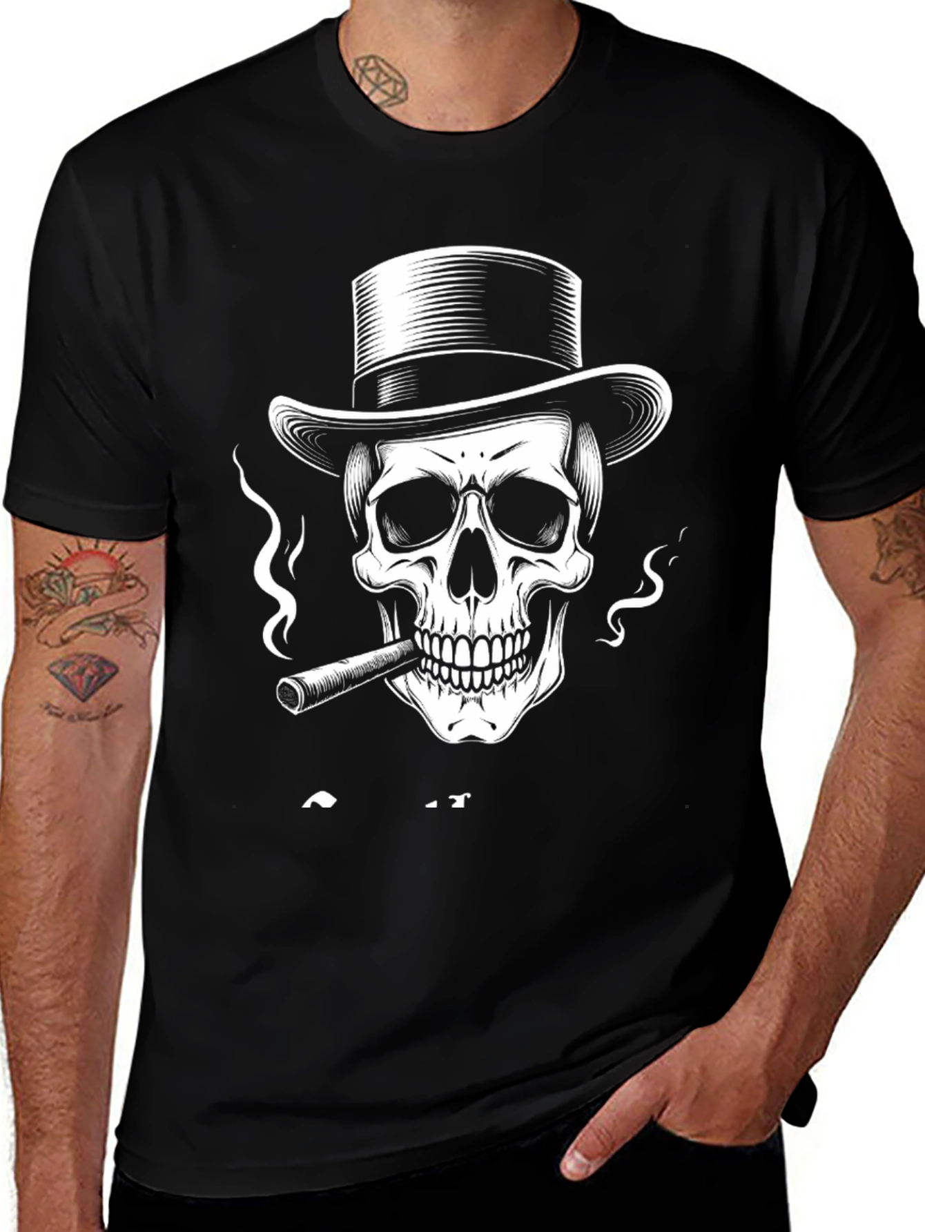 Variant 21 of Skull with Top Hat Graphic Tee - Black Cotton T-Shirt