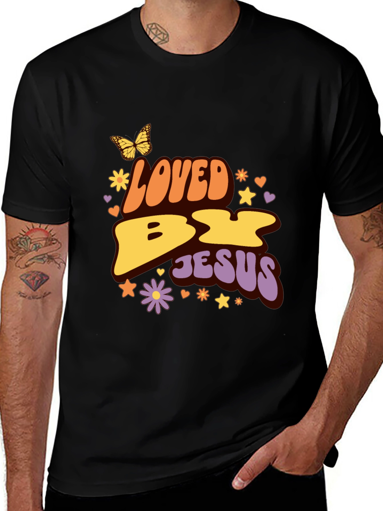 Loved By Jesus Retro Graphic Tee - Soft Black Shirt