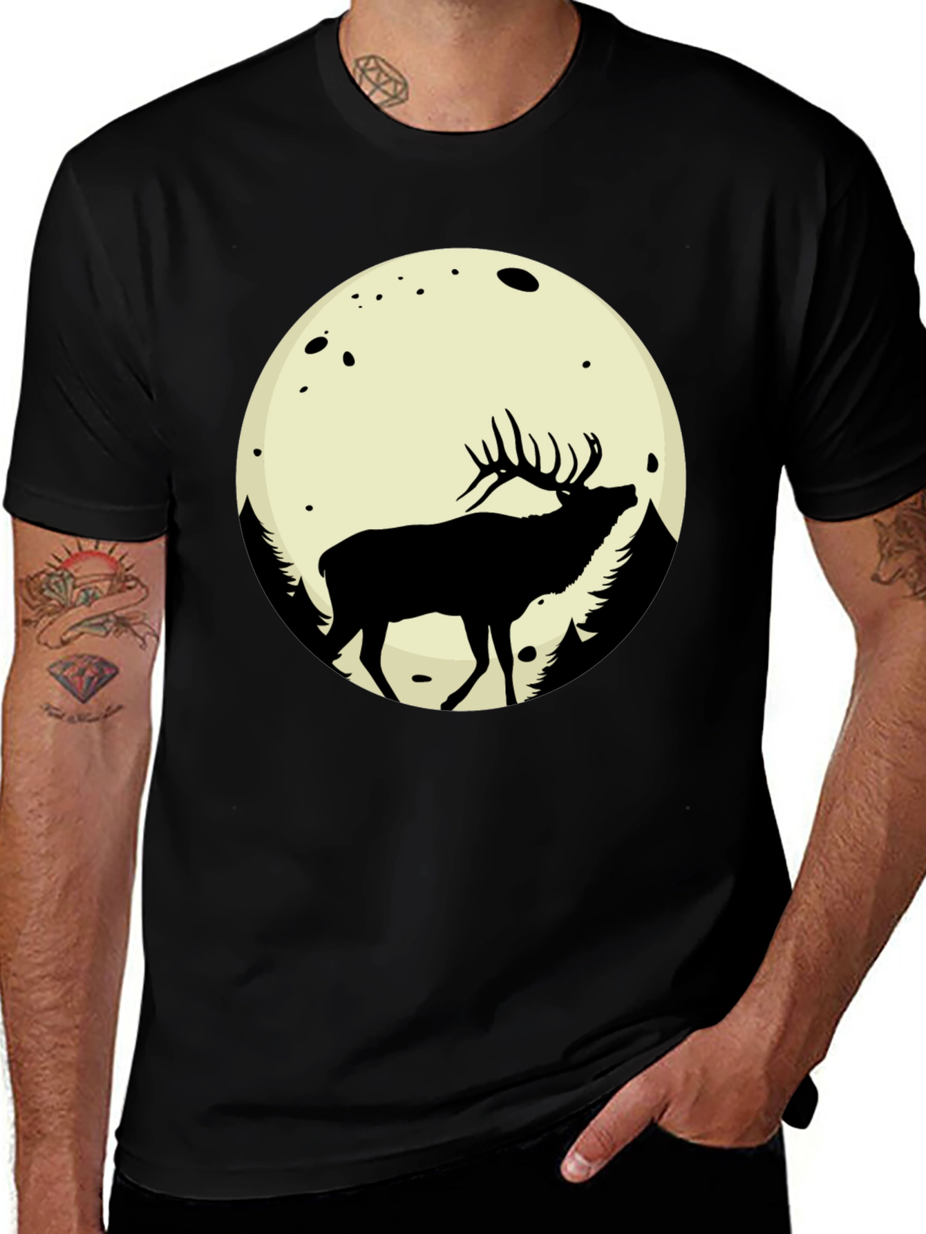 Variant 13 of Elk Moon Graphic Tee - Black Cotton Blend T-Shirt