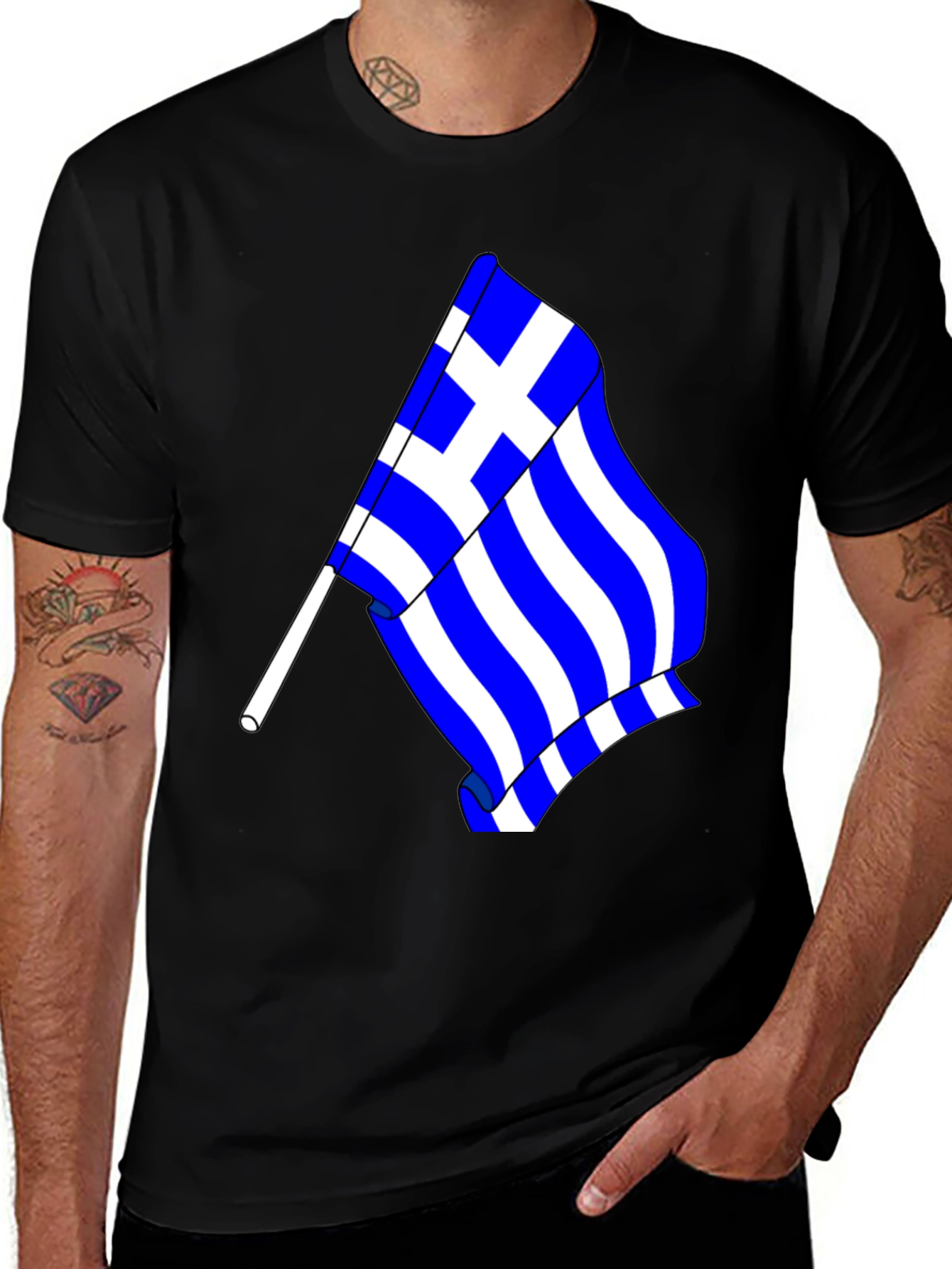 Greek Flag T-Shirt - Black Crew Neck