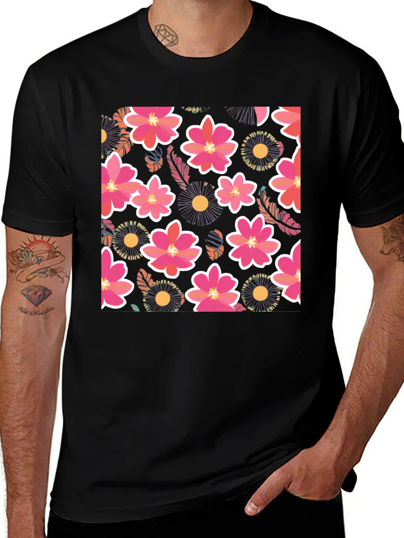 Variant 26 of Floral Print Men's Black T-Shirt