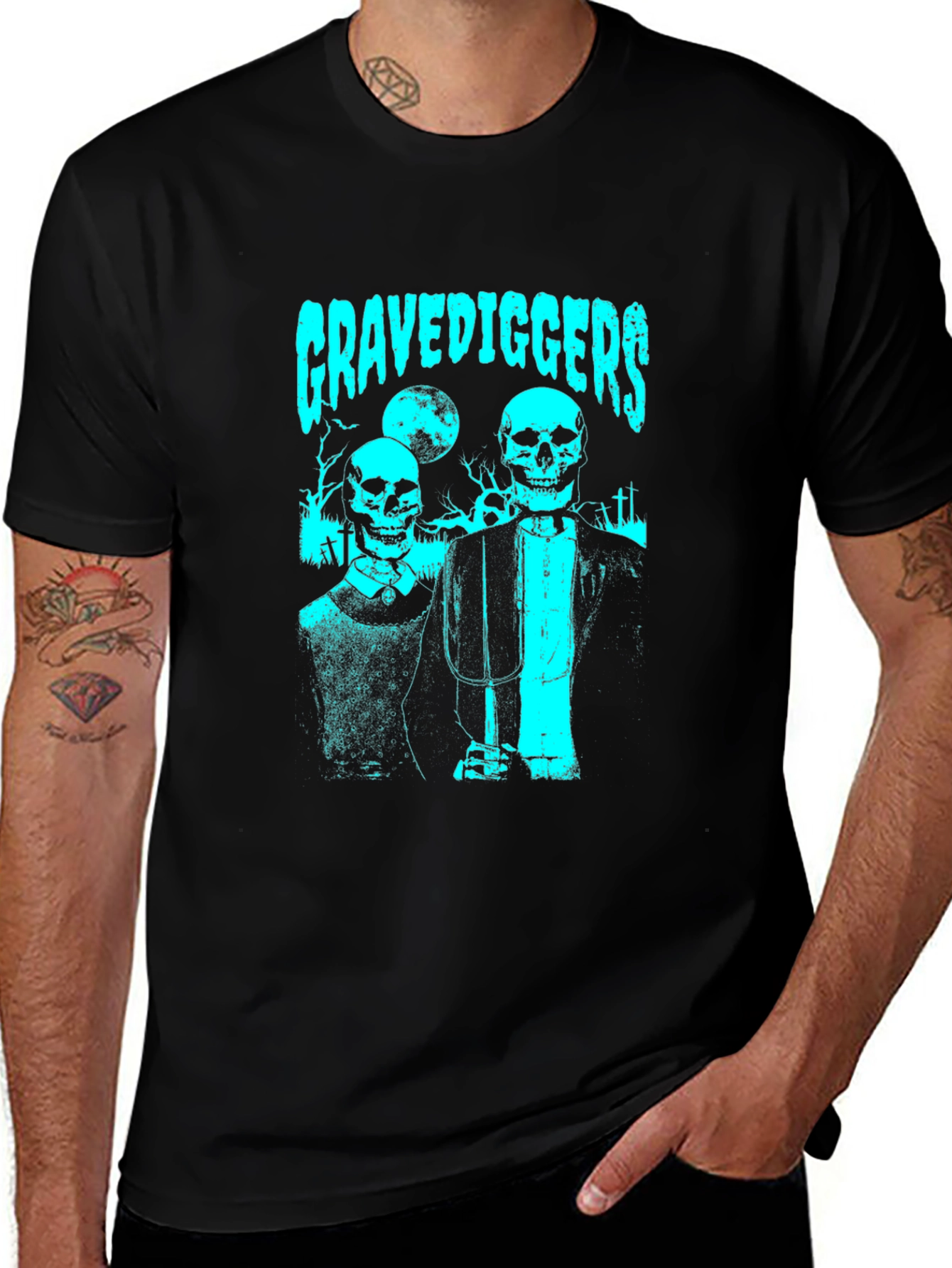 Variant 2 of Gravediggers Skeleton Couple Graphic Black T-Shirt
