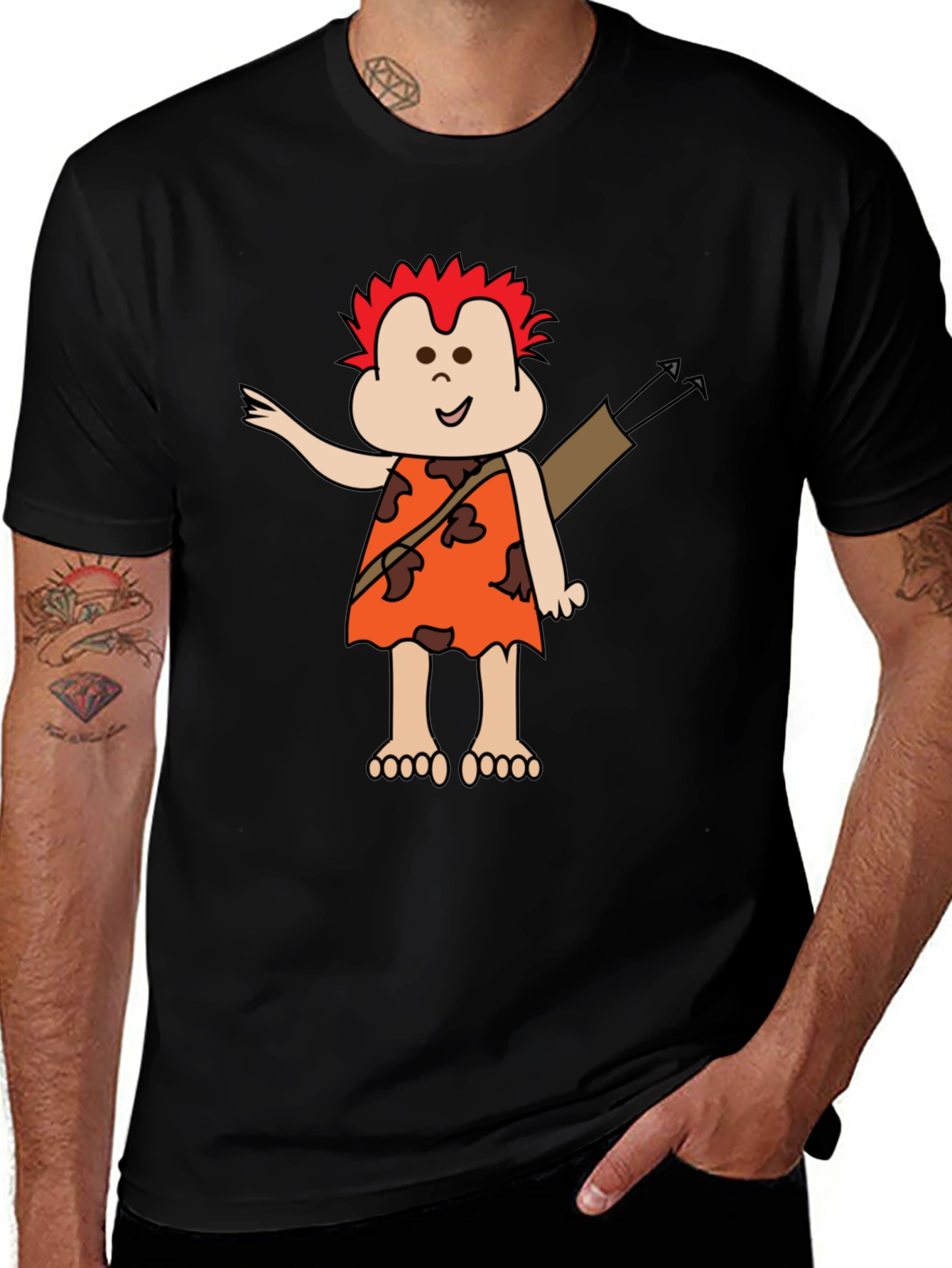 Cartoon Caveman Graphic Tee - Black Cotton T-Shirt