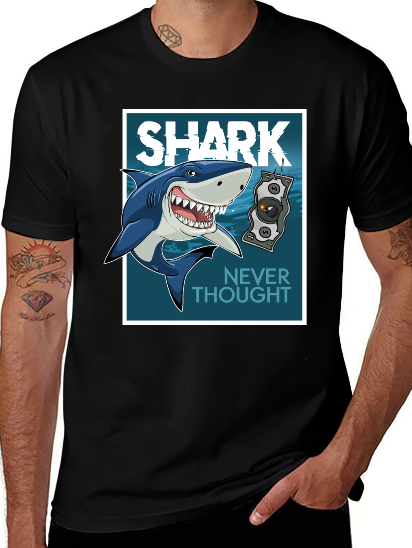 Variant 18 of Shark Never Thought Graphic Print Black Tee