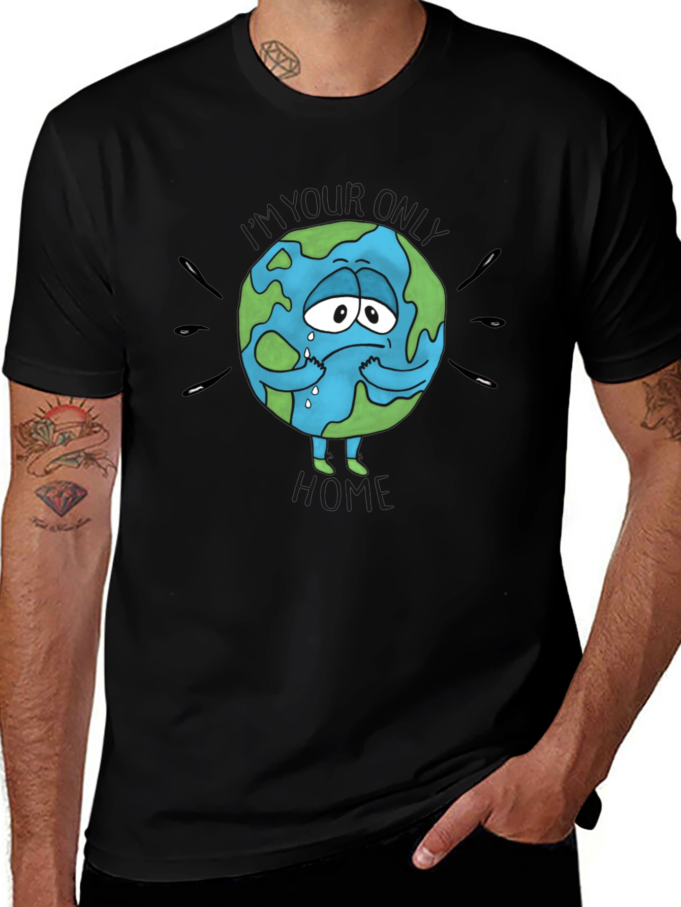 Variant 19 of Sad Earth Cartoon Graphic T-Shirt - Black