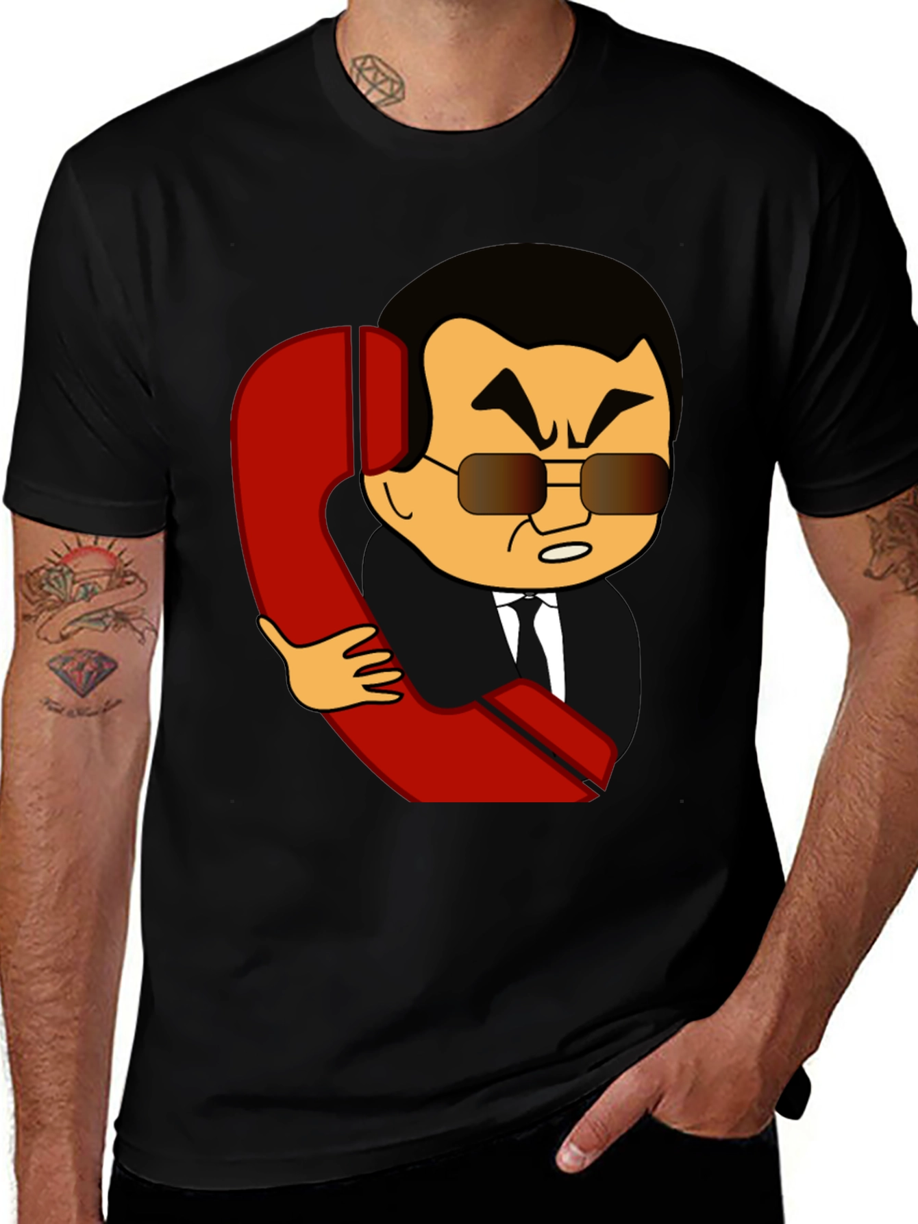 Variant 17 of Cartoon Man With Phone Funny Black T-Shirt