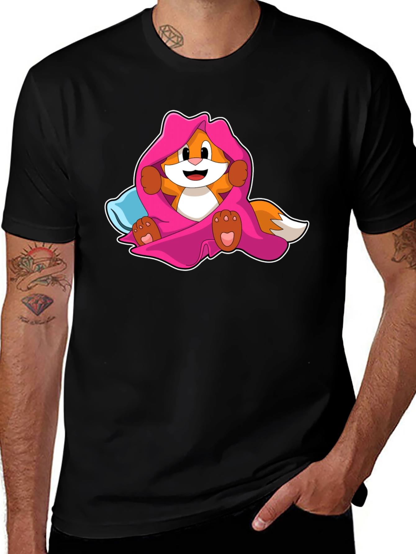 Variant 17 of Cartoon Fox in Blanket Black T-Shirt