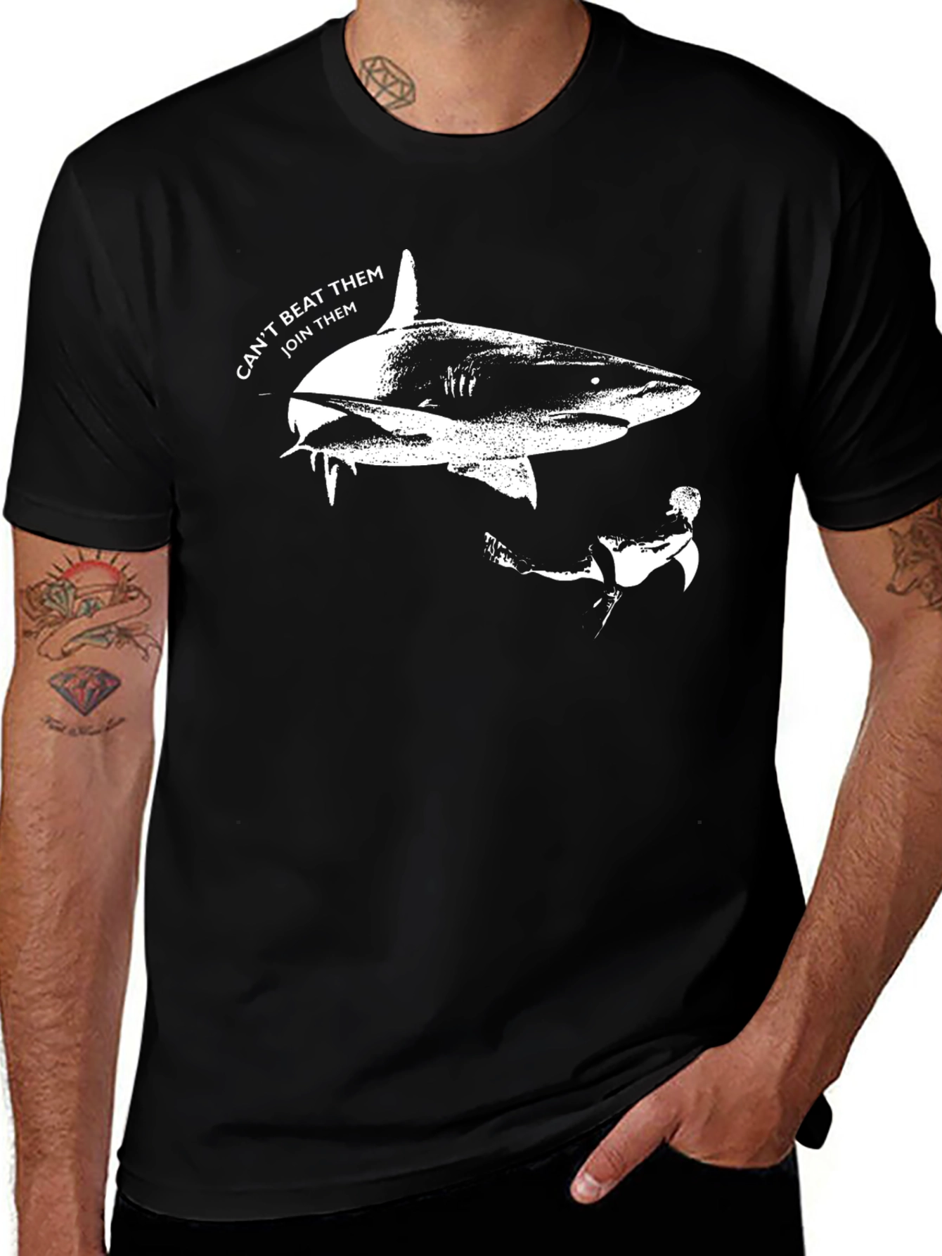 Variant 30 of Shark Diver T-Shirt - "Can't Beat Them, Join Them"