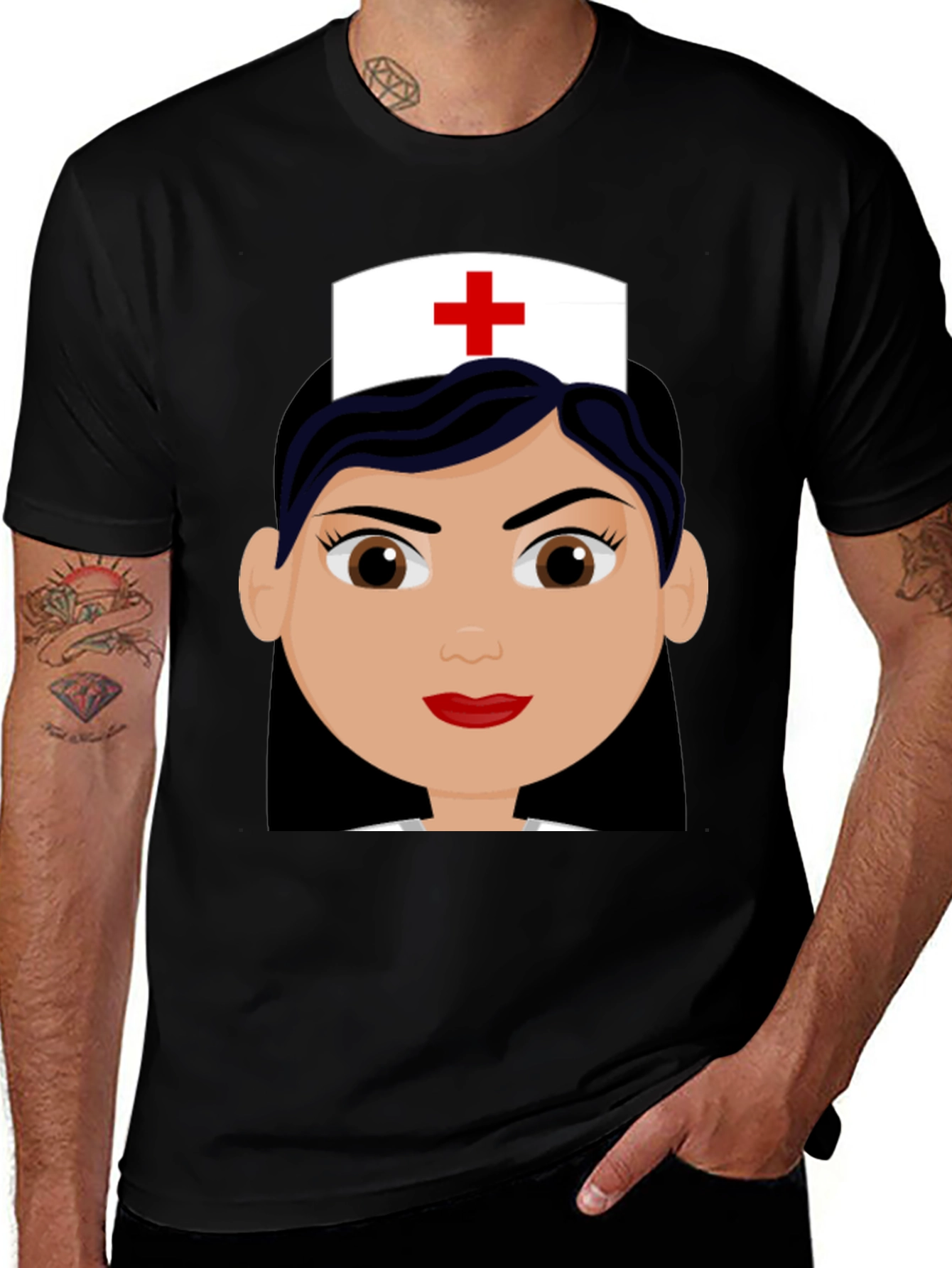 Variant 9 of Nurse Cartoon Graphic Print Black T-Shirt