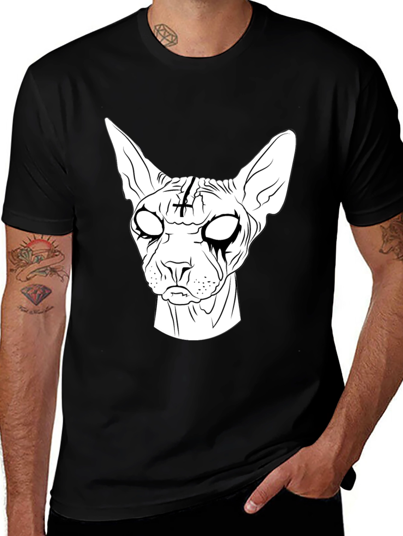 Variant 5 of Gothic Cat T-Shirt - Black Tee with Inverted Cross Cat Design