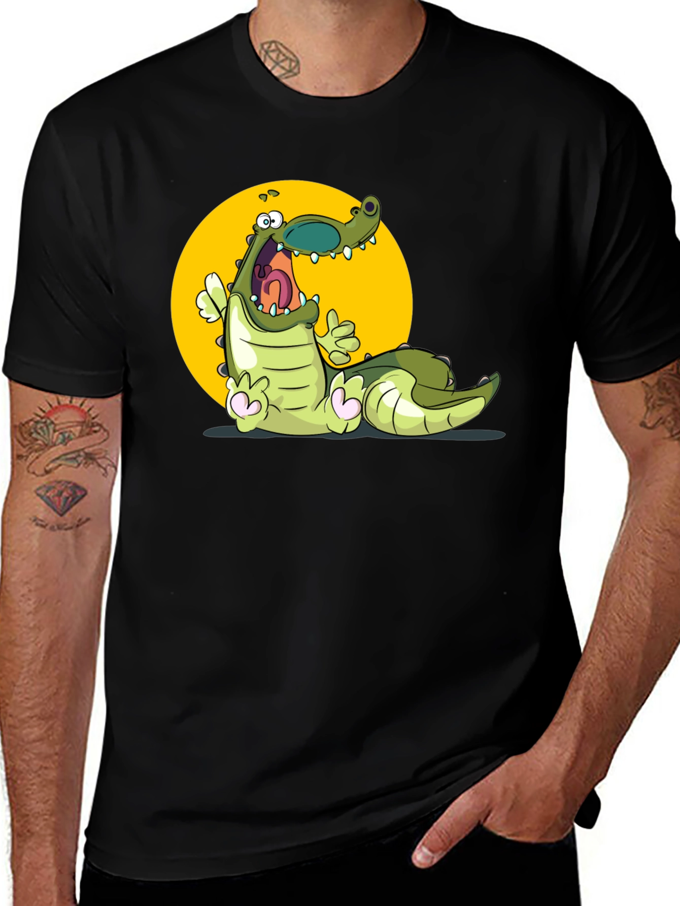 Variant 21 of Cartoon Alligator Graphic Tee - Black Cotton Comfort