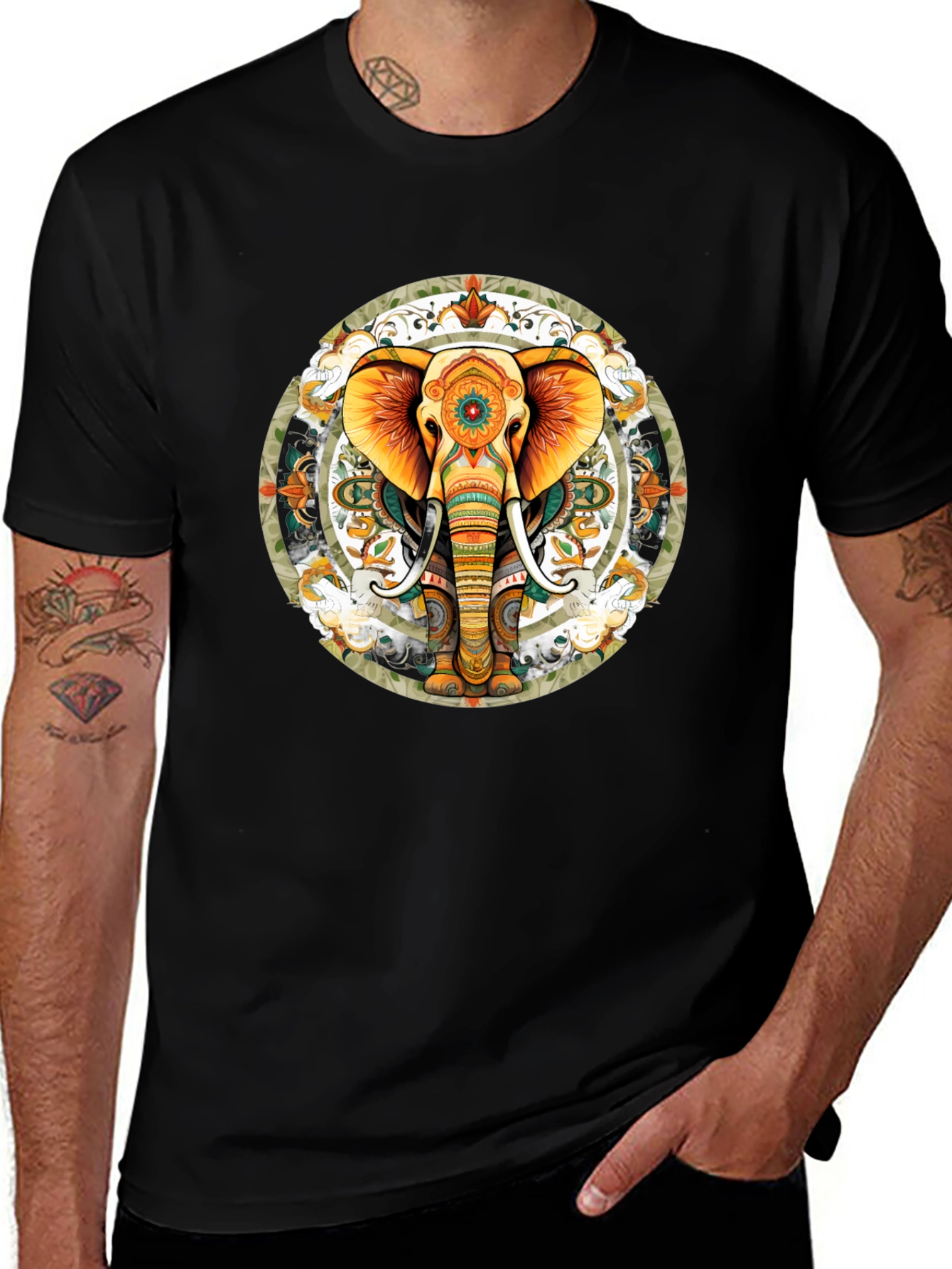 Variant 28 of Elephant Mandala Graphic Tee - Black Cotton Blend