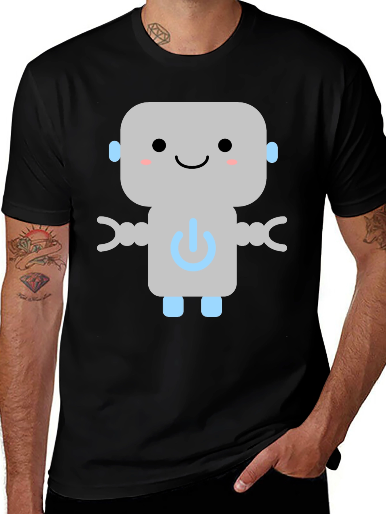 Variant 8 of Cute Robot Graphic Tee - Black Cotton T-Shirt