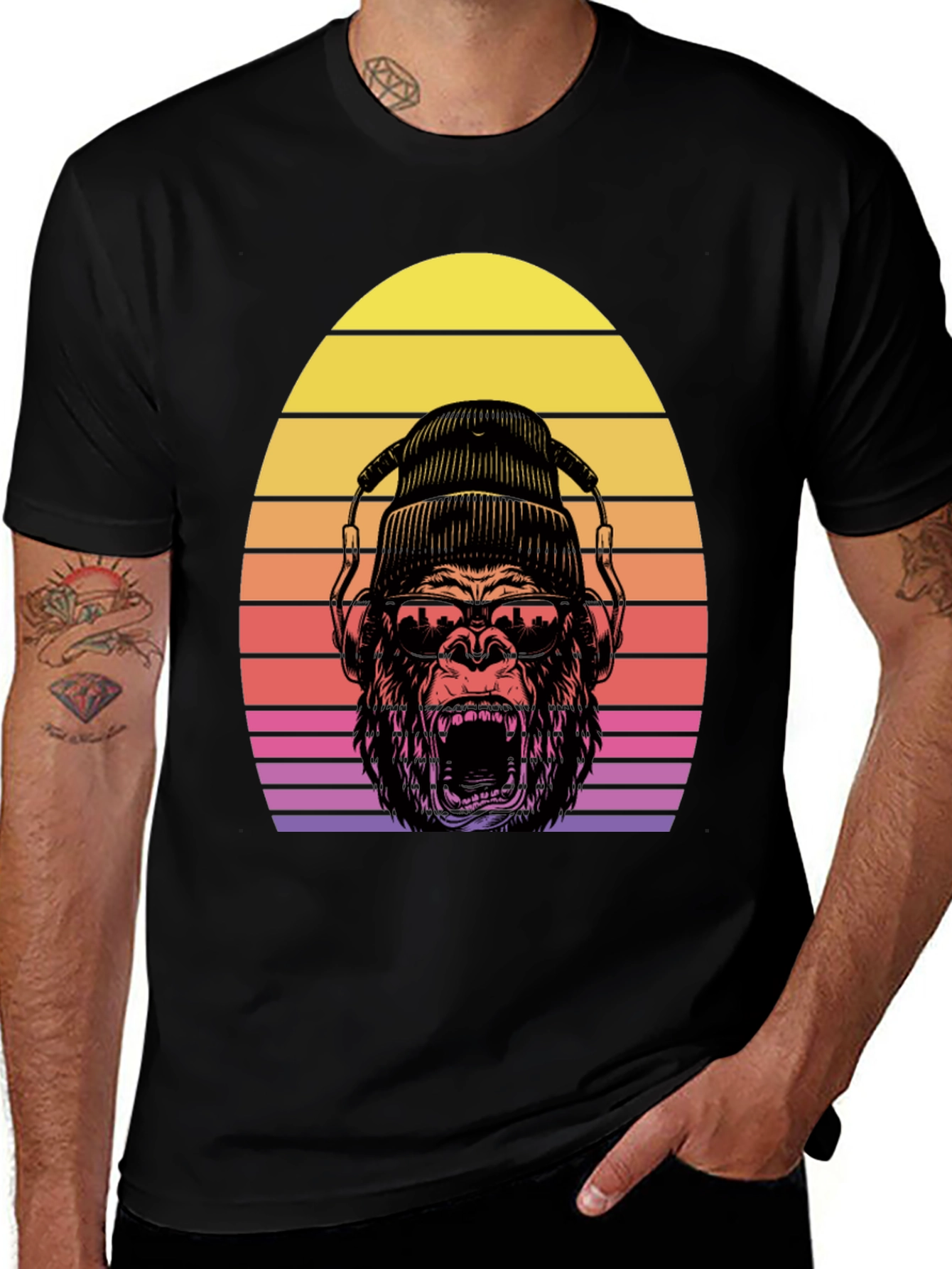 Variant 24 of Cool Gorilla Graphic Tee - Retro Sunset Design