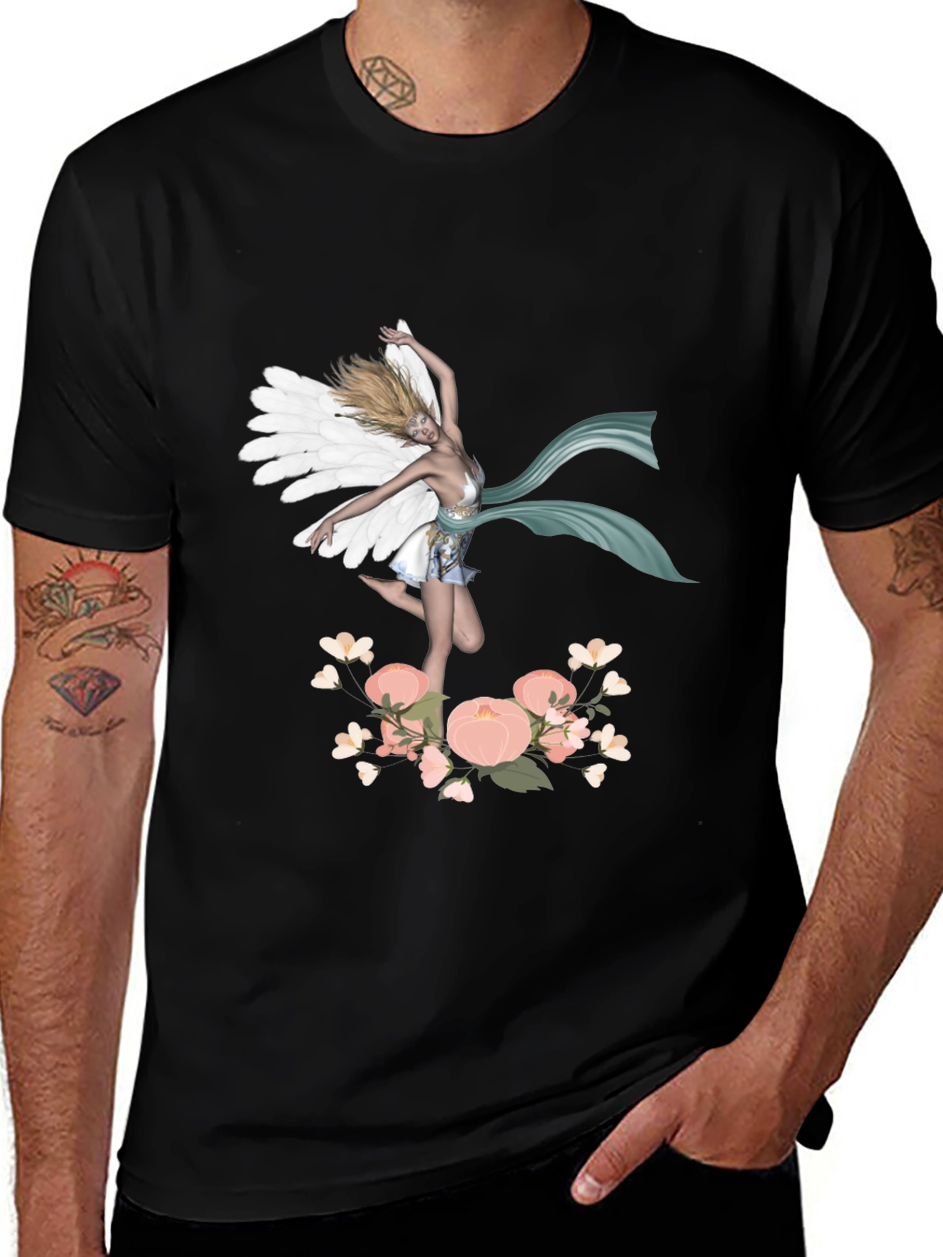 Black Fairy Wings Flower Graphic Tee - Unique Design main image