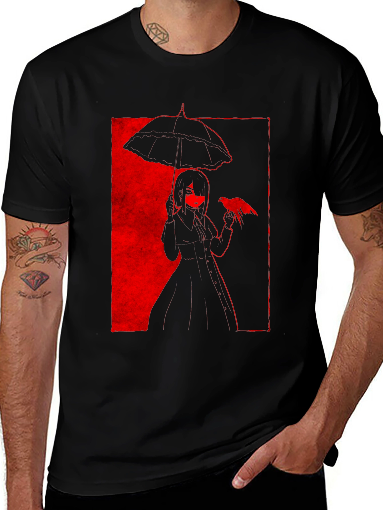 Variant 26 of Dark Anime Girl T-Shirt with Umbrella & Bird
