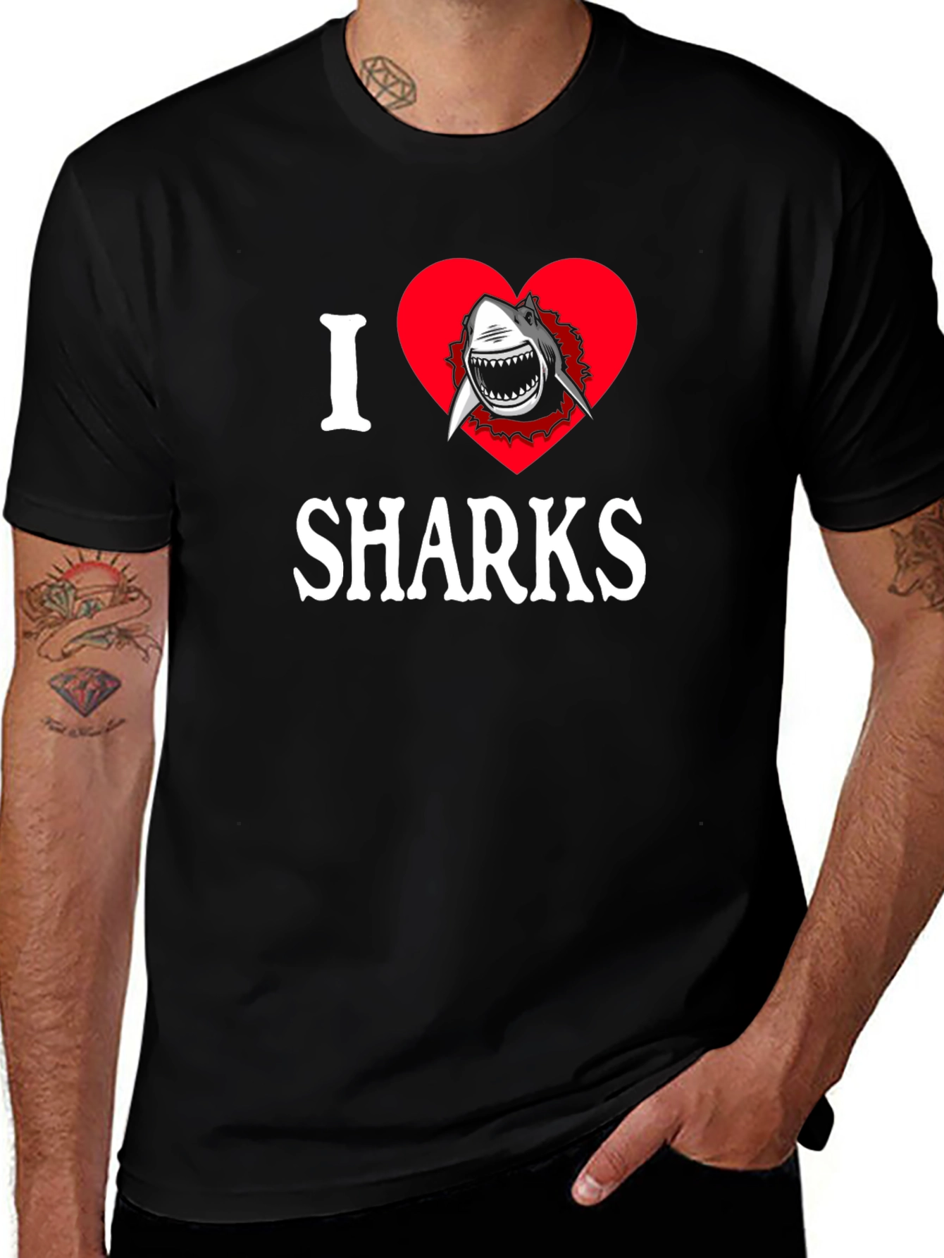 Variant 30 of I Heart Sharks Graphic T-Shirt - Black Cotton Tee