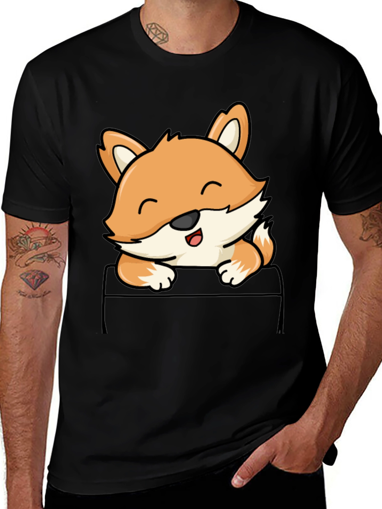 Variant 14 of Cute Fox Pocket T-Shirt - Men's Black Tee