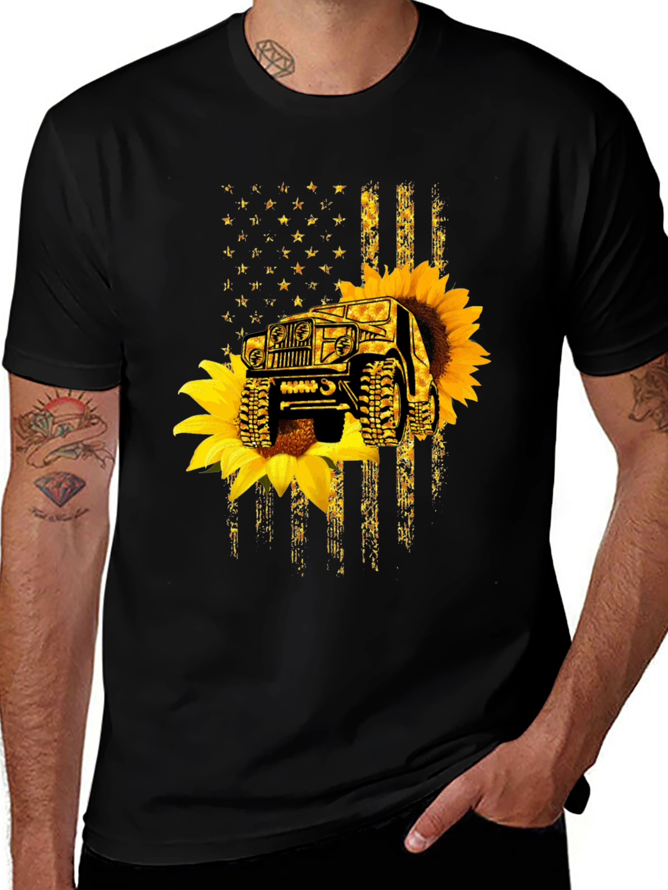 Variant 18 of Sunflower Jeep American Flag Black T-Shirt