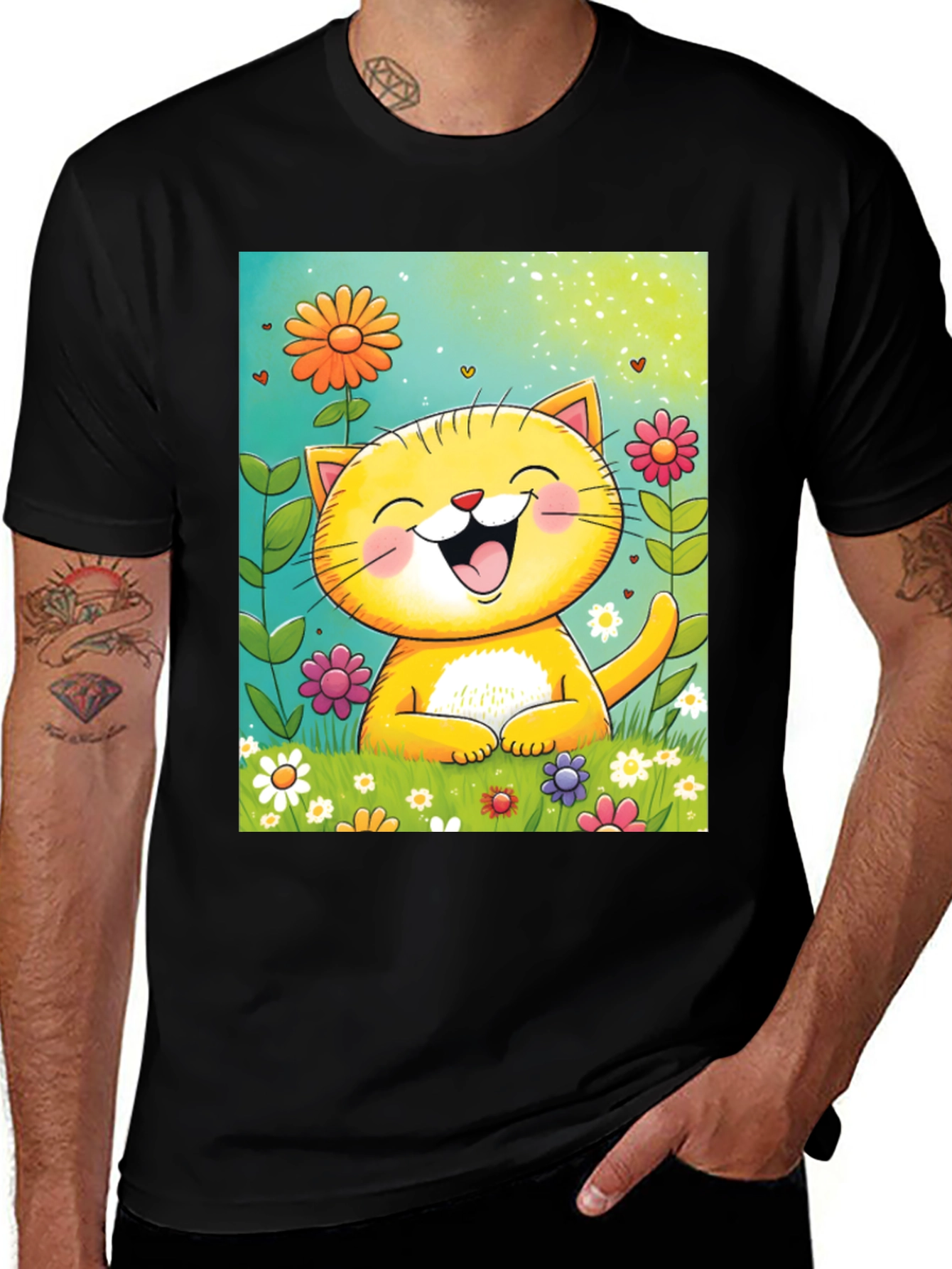 Variant 27 of Happy Cat Floral T-Shirt - Cute Cartoon Tee