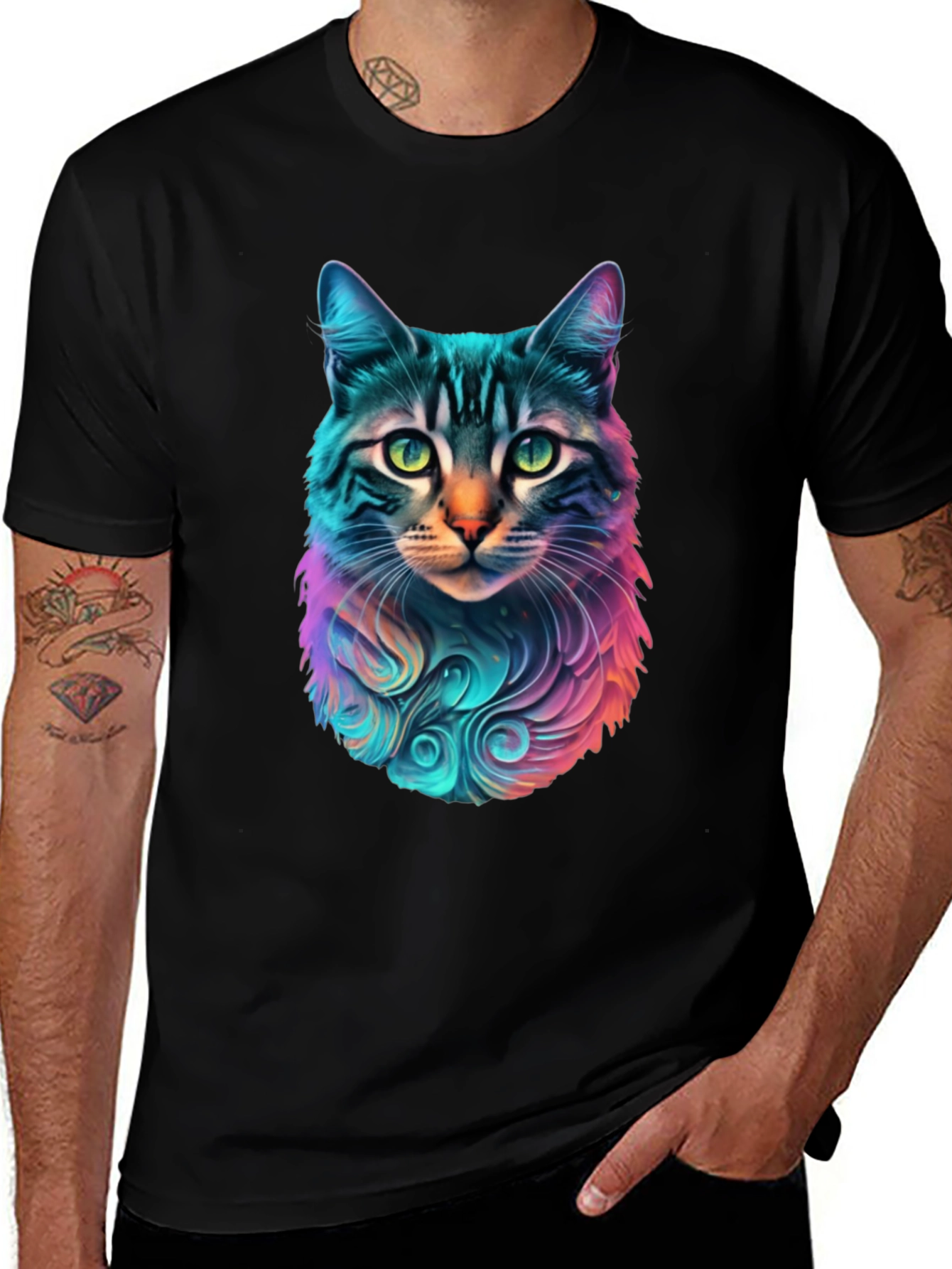 Variant 11 of Vibrant Cat Graphic Black T-Shirt