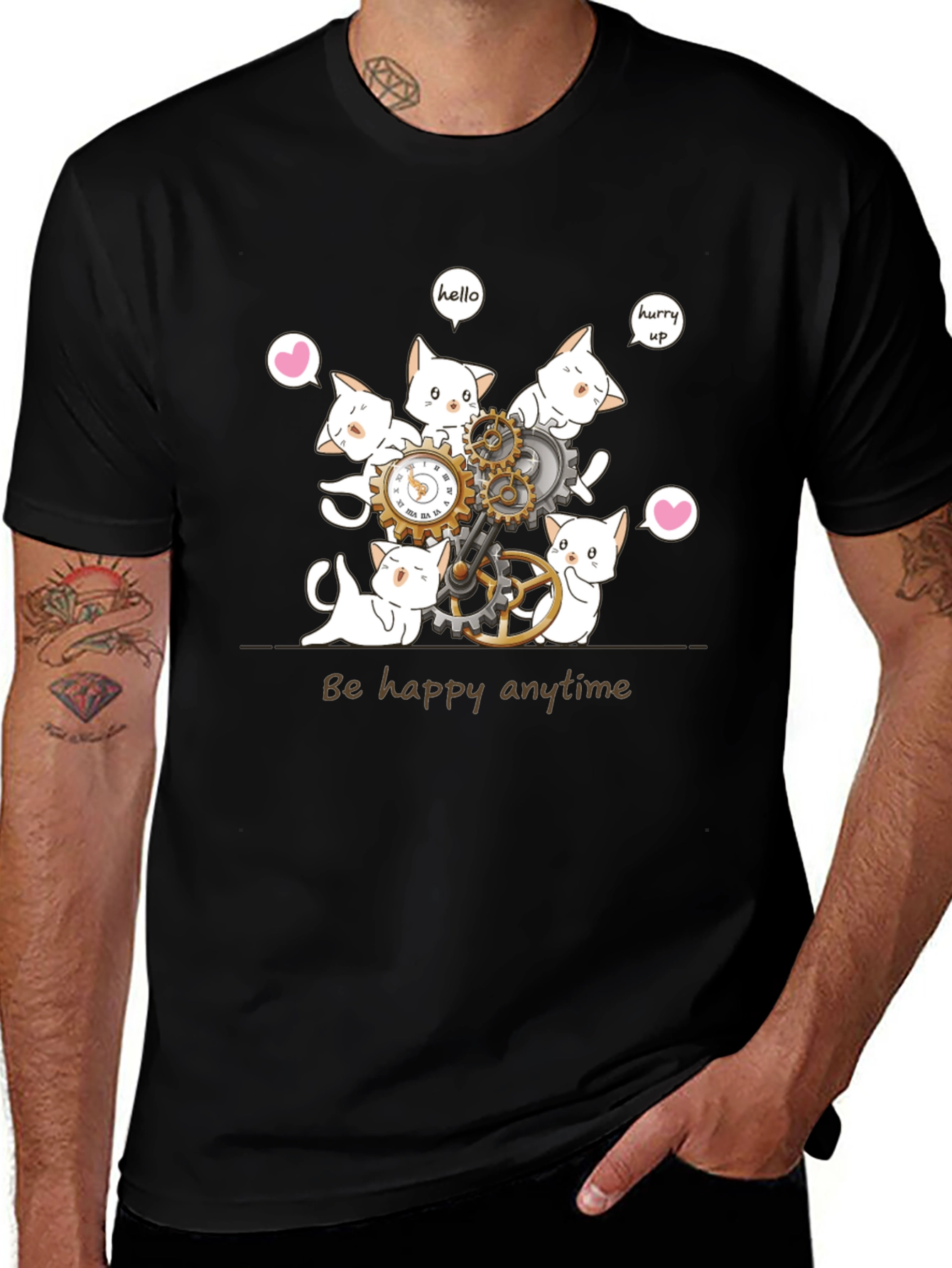 Variant 22 of Cat Clockwork Graphic T-Shirt - "Be Happy Anytime"