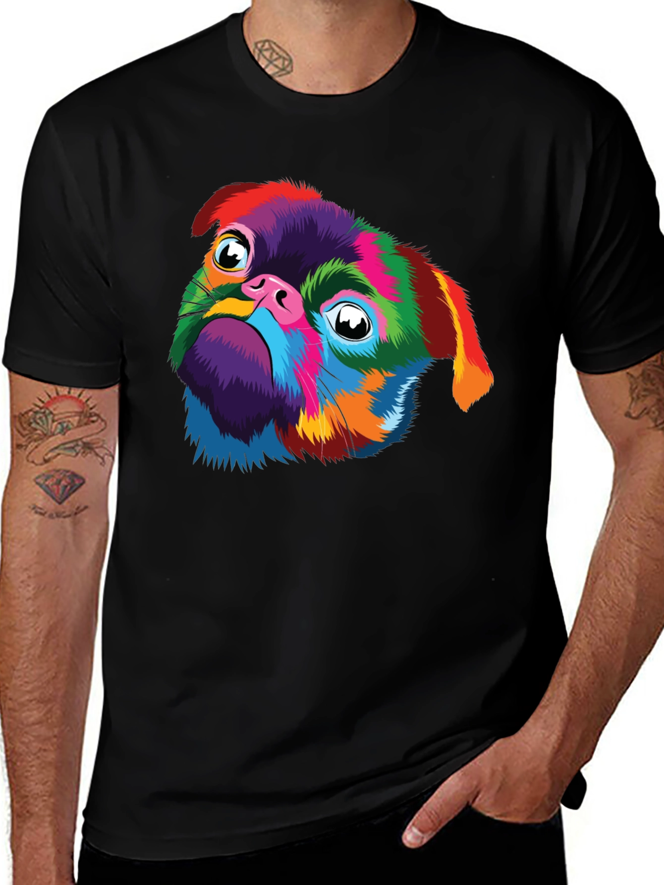 Variant 13 of Colorful Pug Dog Graphic Black T-Shirt