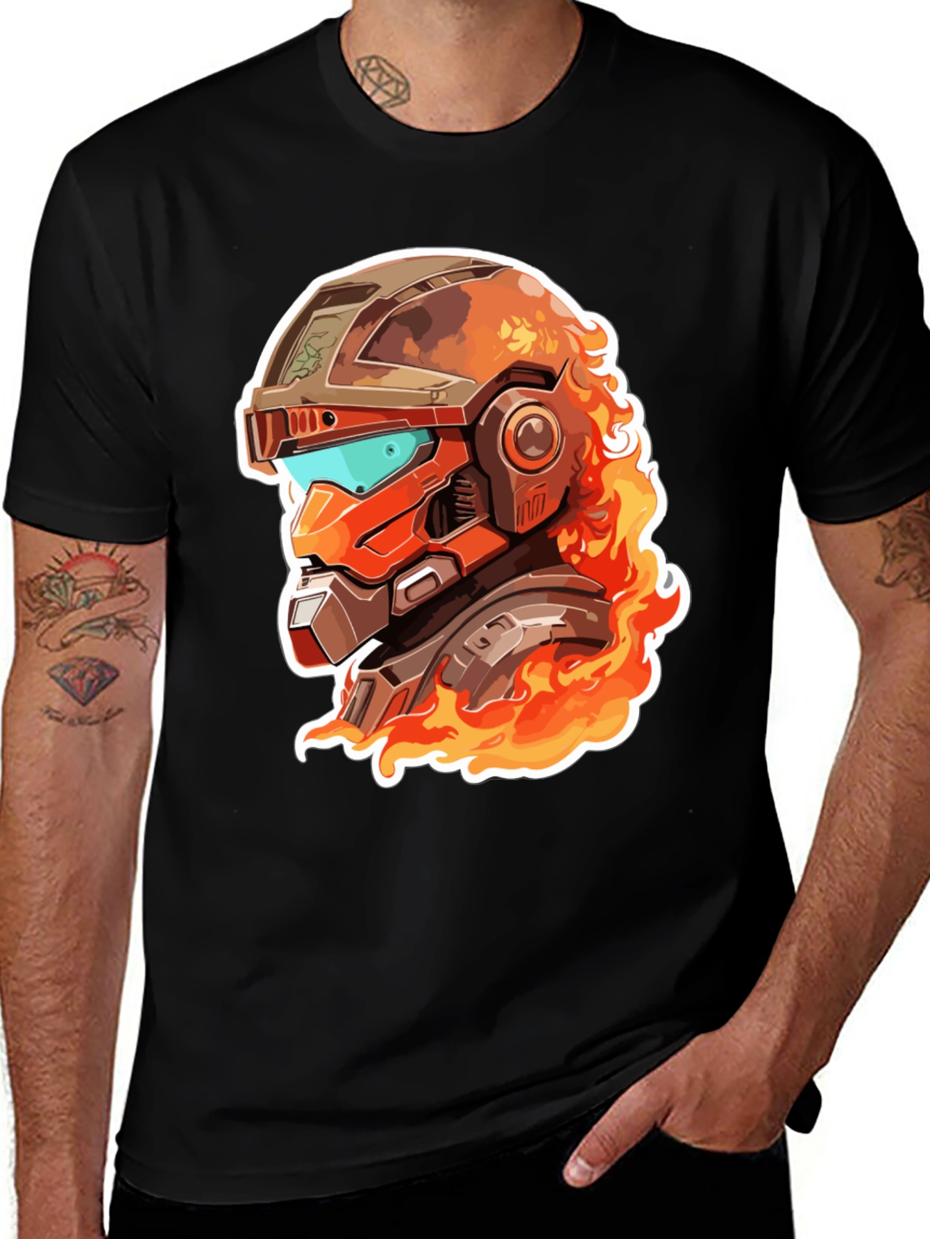 Variant 20 of Fiery Robot Helmet Graphic Tee