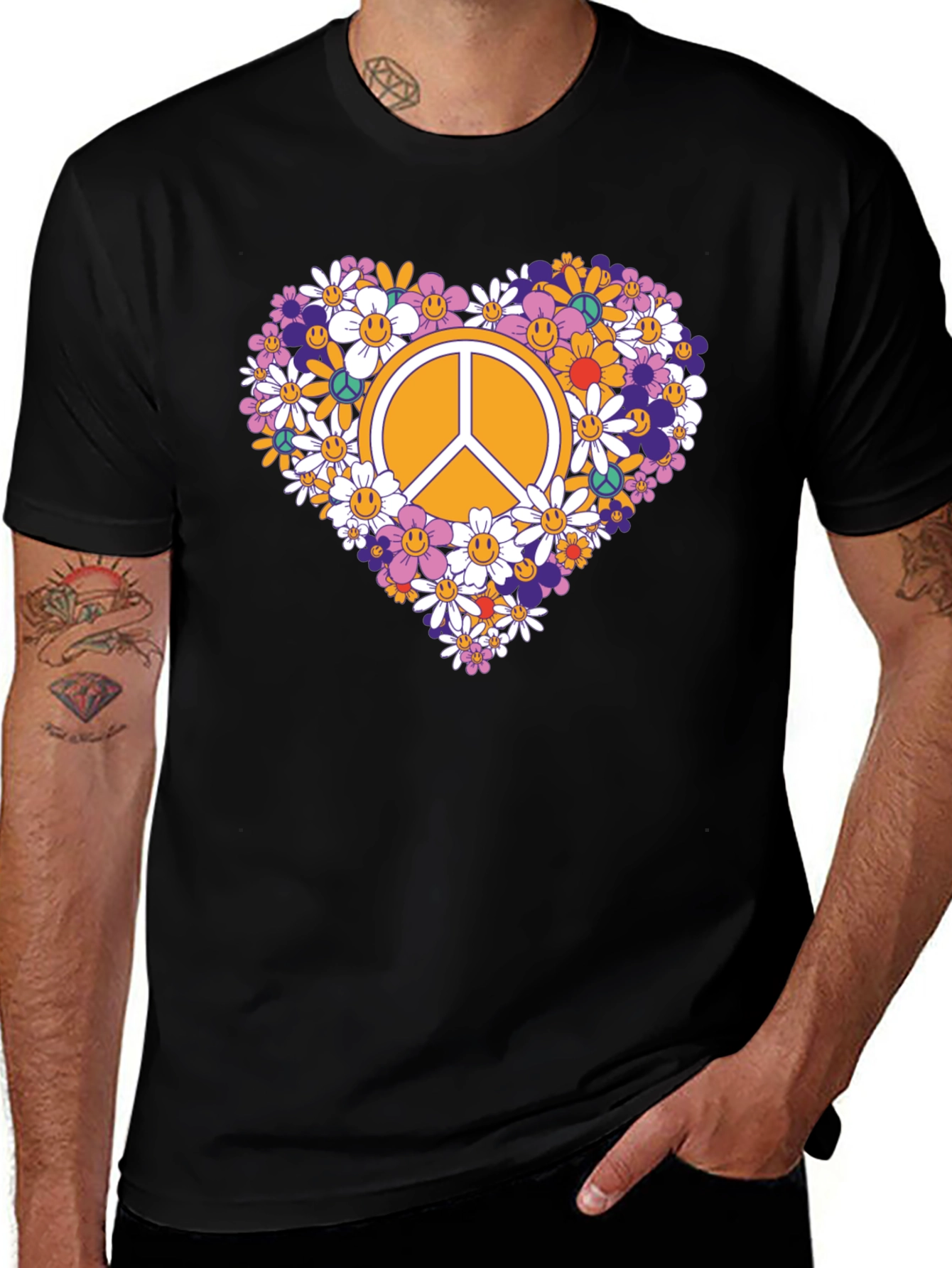 Variant 4 of Floral Peace Sign Graphic Tee - Black