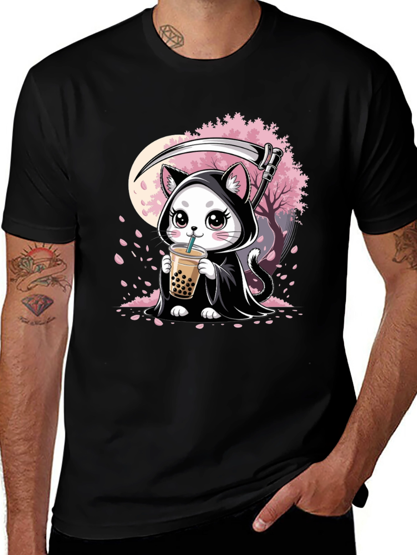 Variant 7 of Grim Reaper Cat Boba Tea Graphic Tee