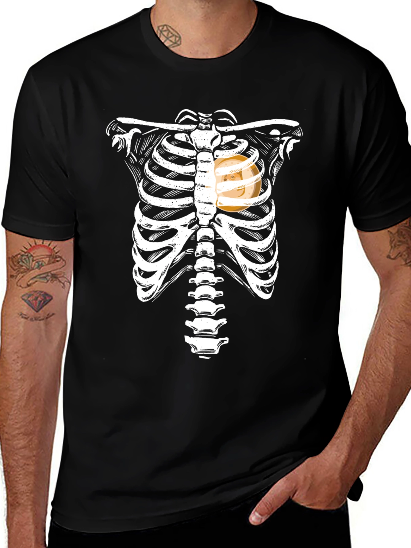 Black Skeleton Ribcage Doge Heart Funny T-Shirt main image