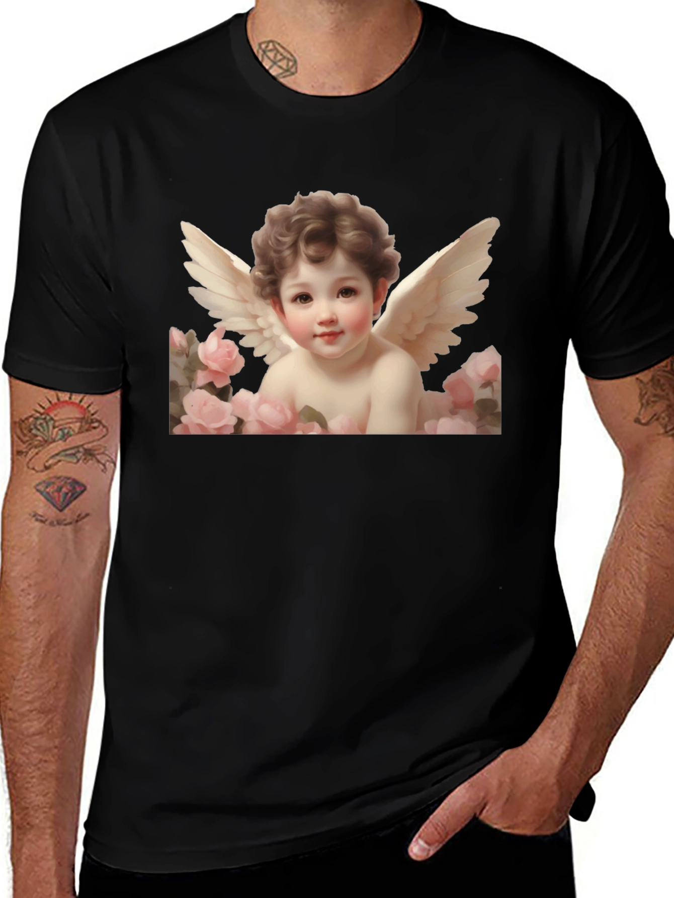 Cherub Angel with Roses Graphic Tee - Black