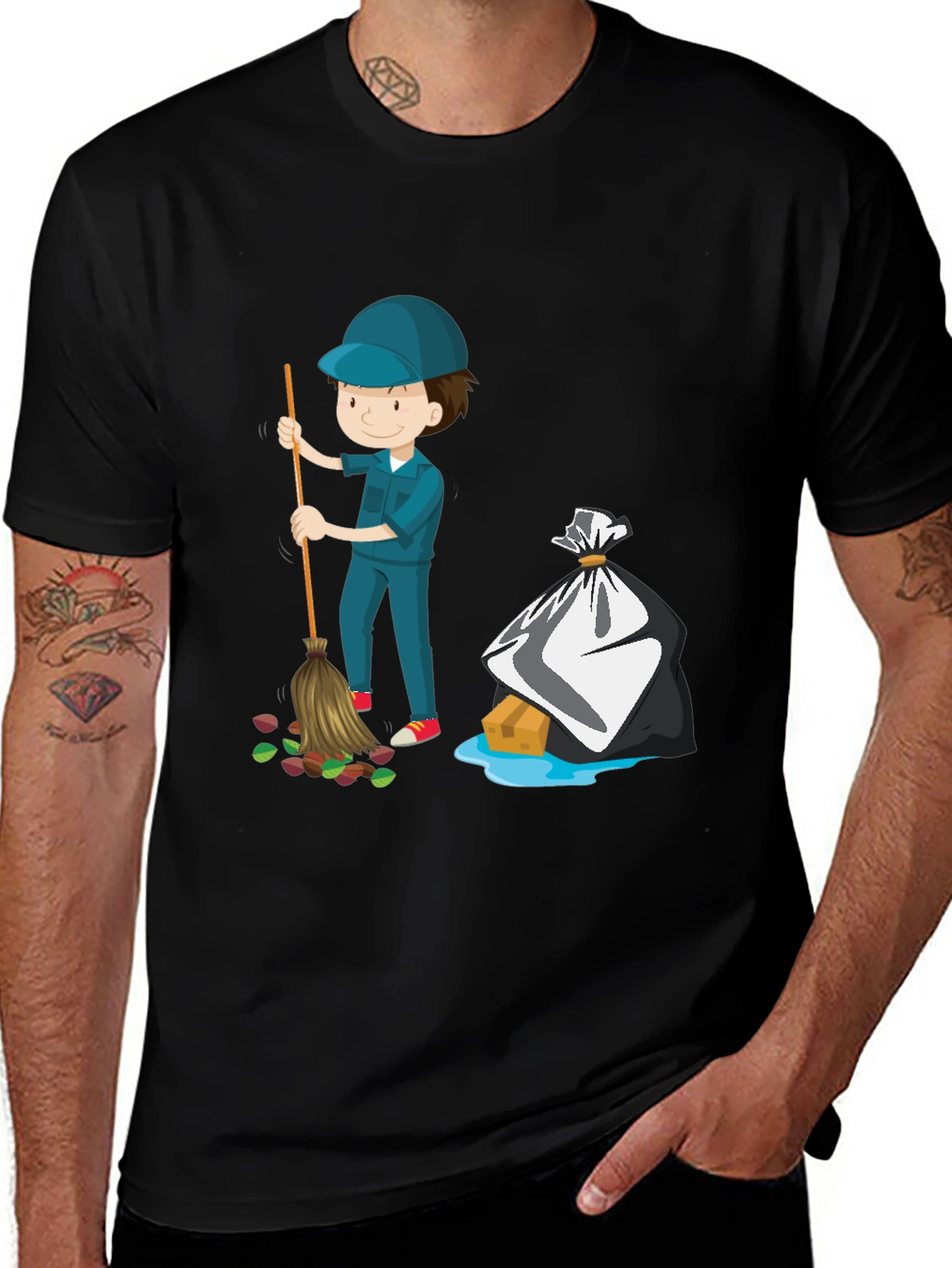 Janitor Cartoon Graphic T-Shirt - Black