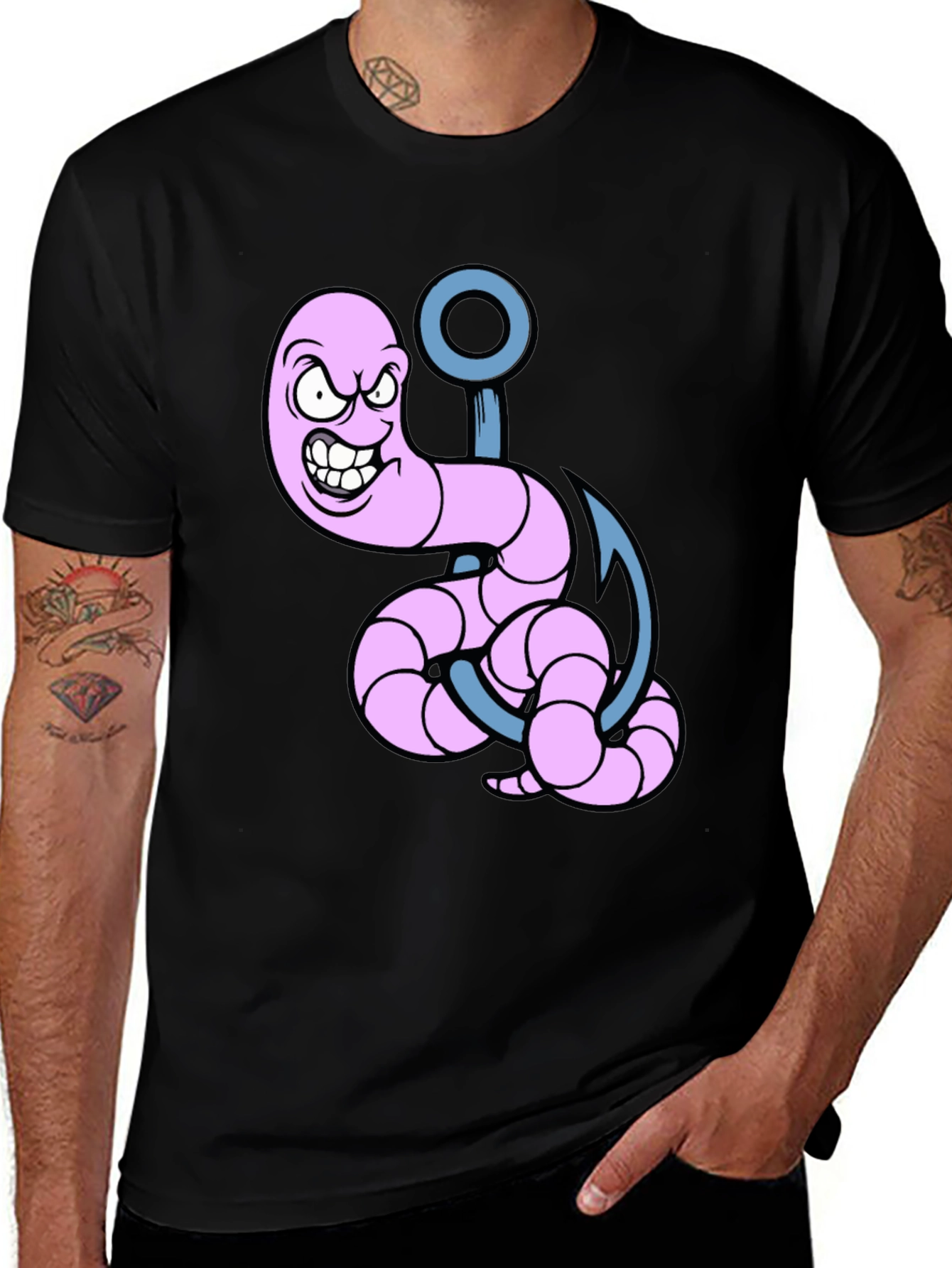 Variant 12 of Cartoon Worm on Hook Graphic Tee - Black